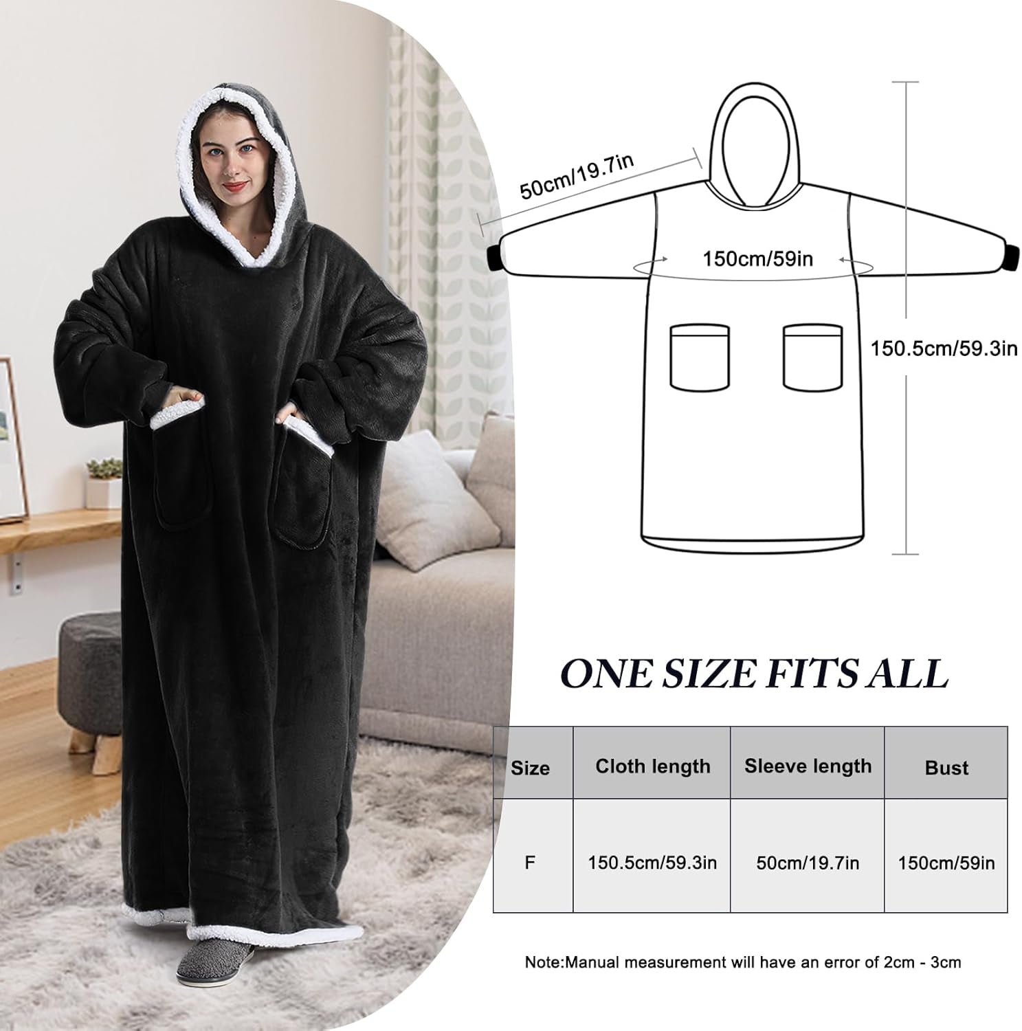 Extra Long Oversized Blanket Hoodie, Super Warm Soft Sherpa Fleece Hooded, Comfy Wearable Snuggle Blanket Sweatshirt with Giant Pockets, One Size Fits All Men Women Teenagers Black