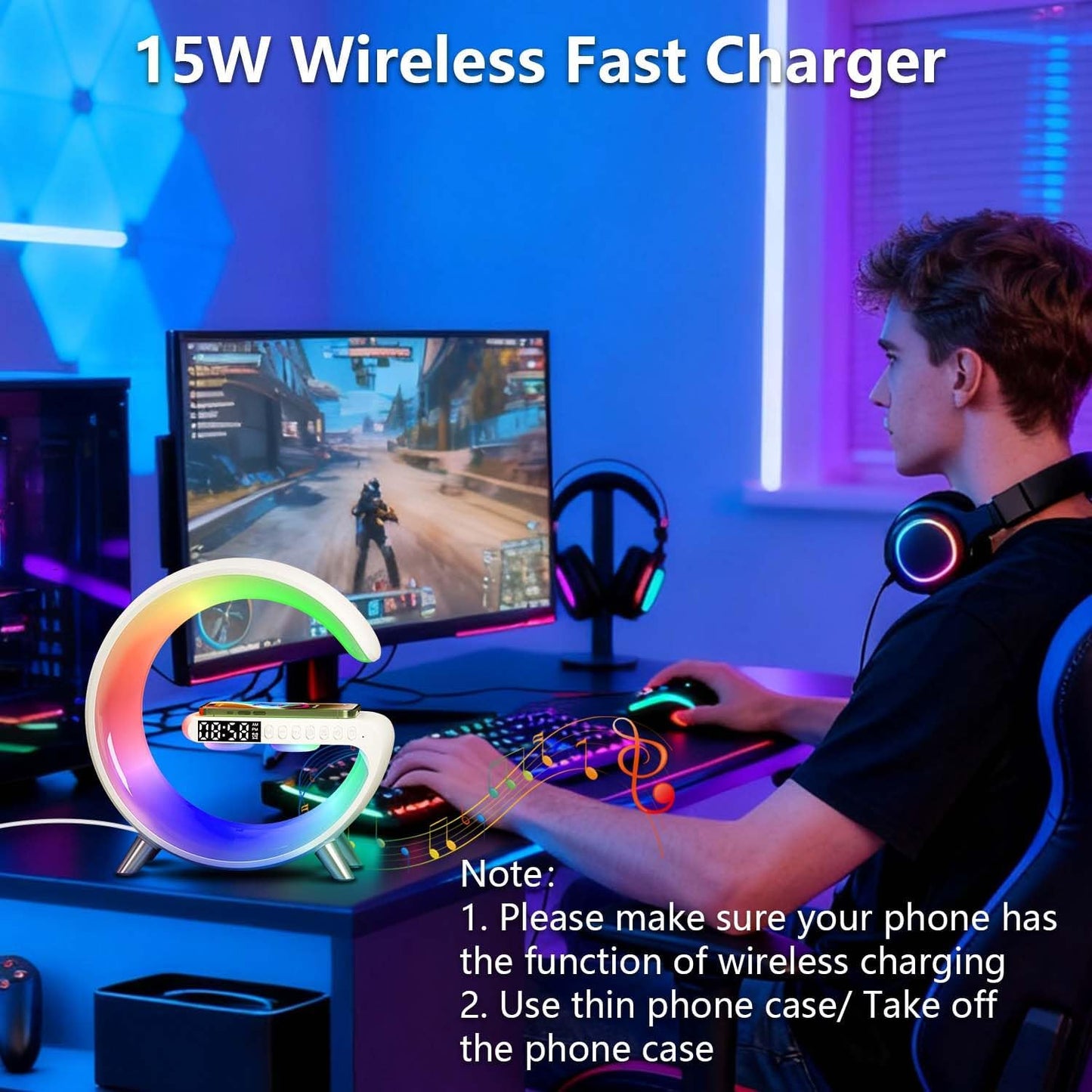 15W Wireless Charger Lamp, G-Shaped Bluetooth Wireless Speaker, App Control Wireless Speaker Lamp with Alarm Clock for Bedroom,Led Table Lamps Birthday Gifts for Teenage Boys Girls