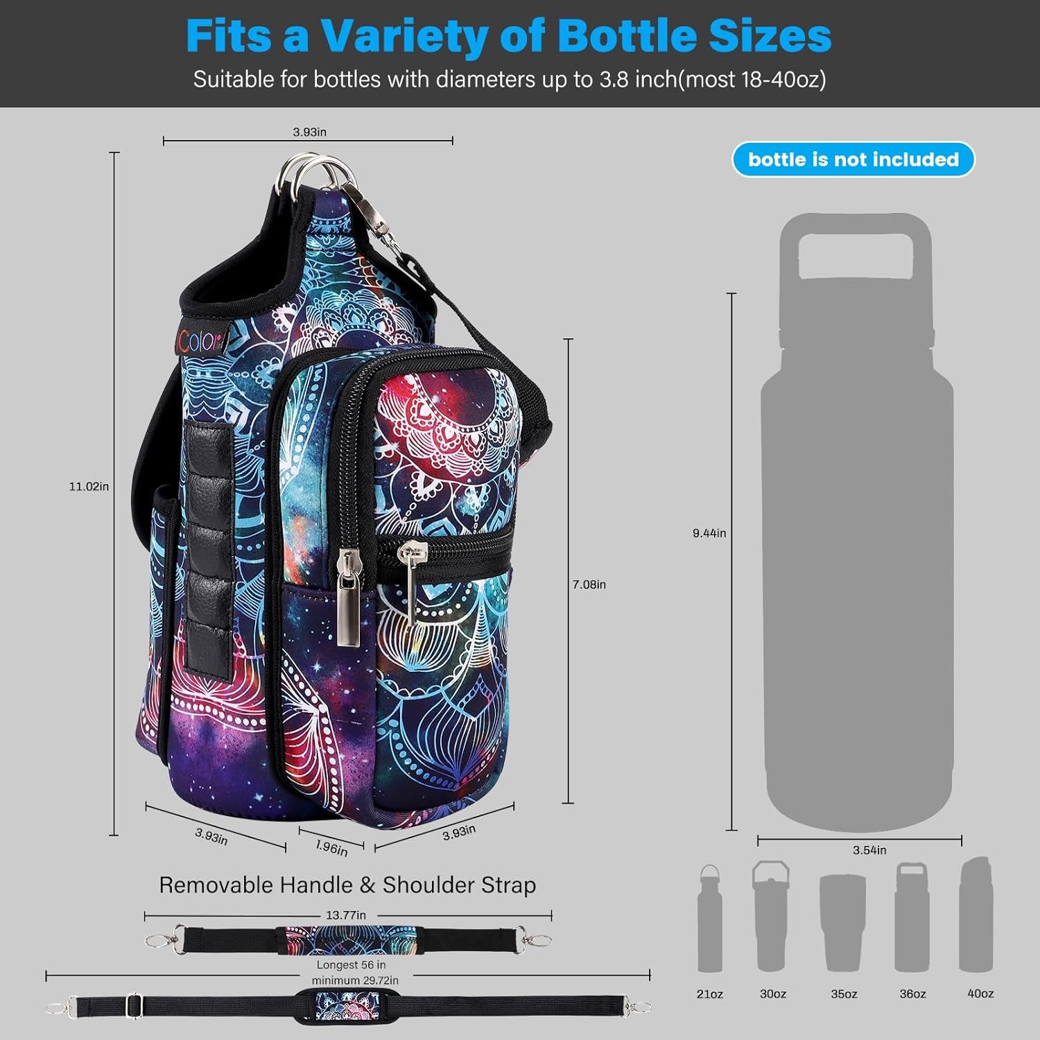 Magnetic Gym Bag Water Bottle Carrier Holder with Strap & Phone Pockets, Diameter 3.9" Gym Magnetic Bag 5 Built-In Magnets Gym Accessories Organizer Bottle Pouch Sling Sleeve