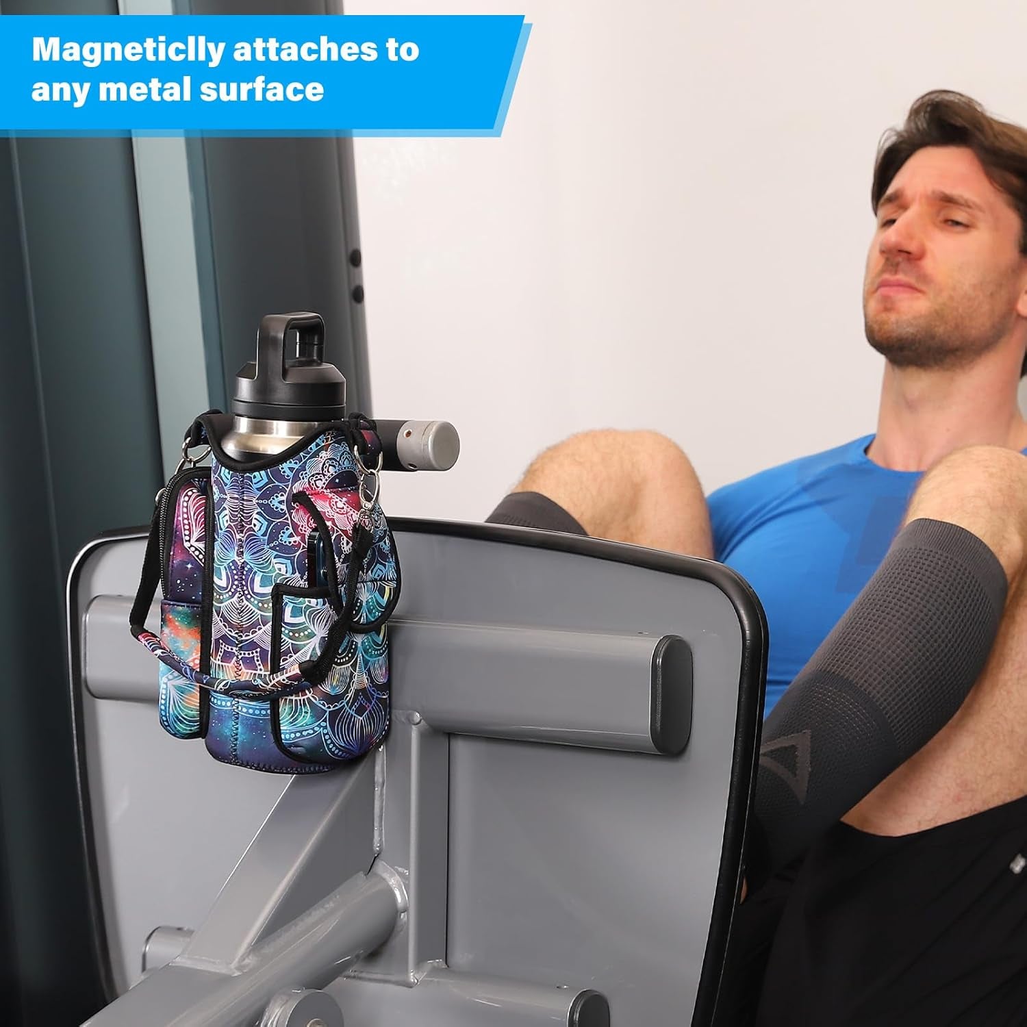 Magnetic Gym Bag Water Bottle Carrier Holder with Strap & Phone Pockets, Diameter 3.9" Gym Magnetic Bag 5 Built-In Magnets Gym Accessories Organizer Bottle Pouch Sling Sleeve