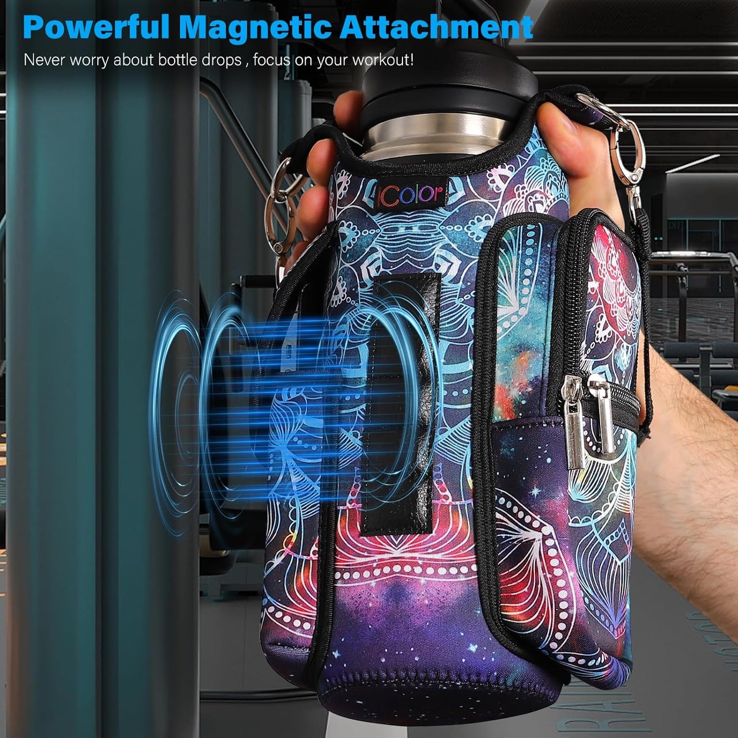 Magnetic Gym Bag Water Bottle Carrier Holder with Strap & Phone Pockets, Diameter 3.9" Gym Magnetic Bag 5 Built-In Magnets Gym Accessories Organizer Bottle Pouch Sling Sleeve
