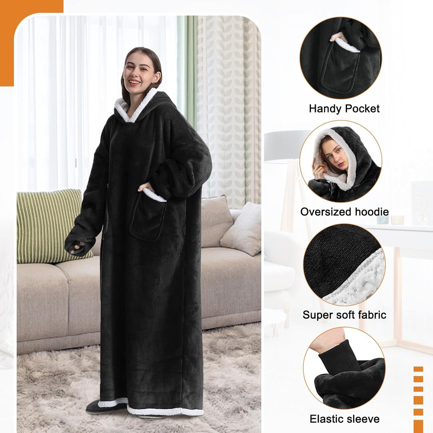 Extra Long Oversized Blanket Hoodie, Super Warm Soft Sherpa Fleece Hooded, Comfy Wearable Snuggle Blanket Sweatshirt with Giant Pockets, One Size Fits All Men Women Teenagers Black
