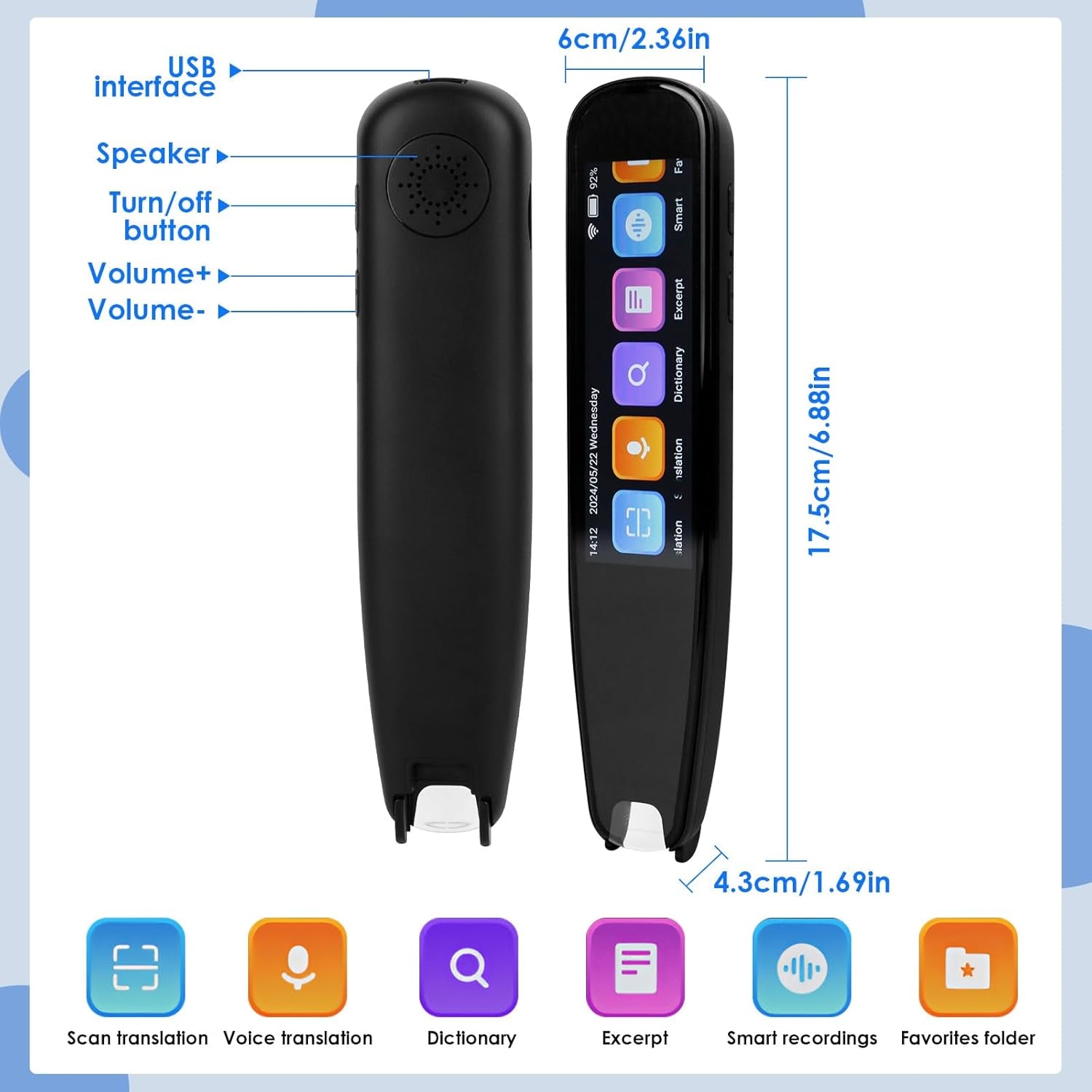 Scan Reader Pen, 112 Languages Scan Translator Pen, Smart Reading Pen for Dyslexia, Elderly, Kids, Students, Supports Speech & Scan to Text, Real Time Pen Reader Scanner