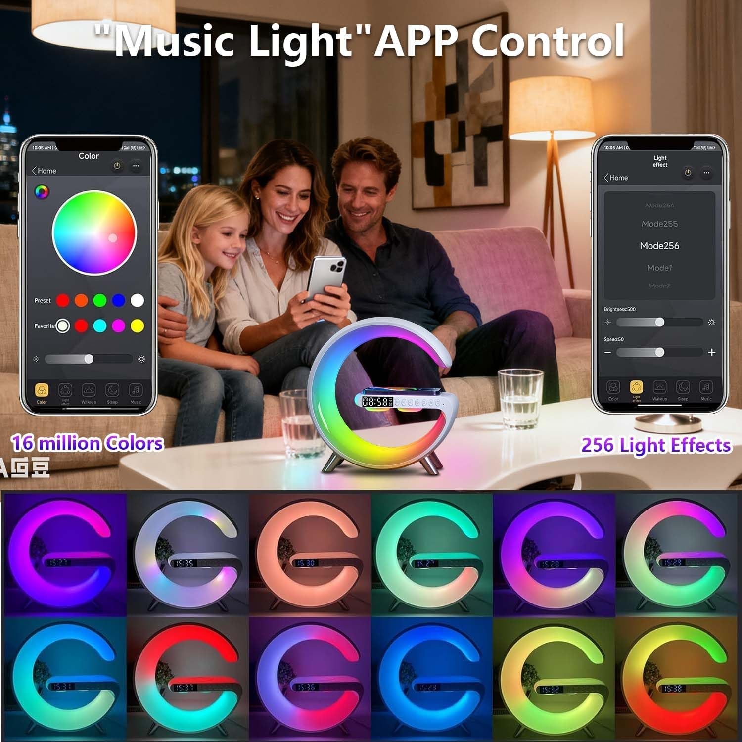 15W Wireless Charger Lamp, G-Shaped Bluetooth Wireless Speaker, App Control Wireless Speaker Lamp with Alarm Clock for Bedroom,Led Table Lamps Birthday Gifts for Teenage Boys Girls