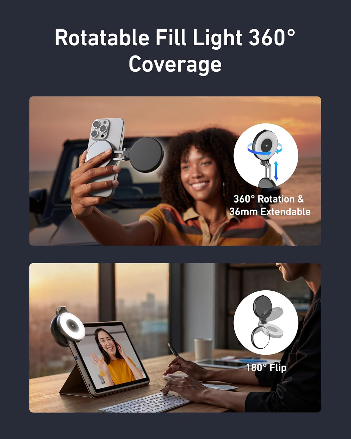 C03 Magnetic Selfie Light, 3-In-1 Magnetic Beauty Selfie Light for Phones, CRI97 360° LED Portable Light W/Mirror for Iphone/Android for Selfies/Photography/Tiktok/Zoom Calls/Video (Black)