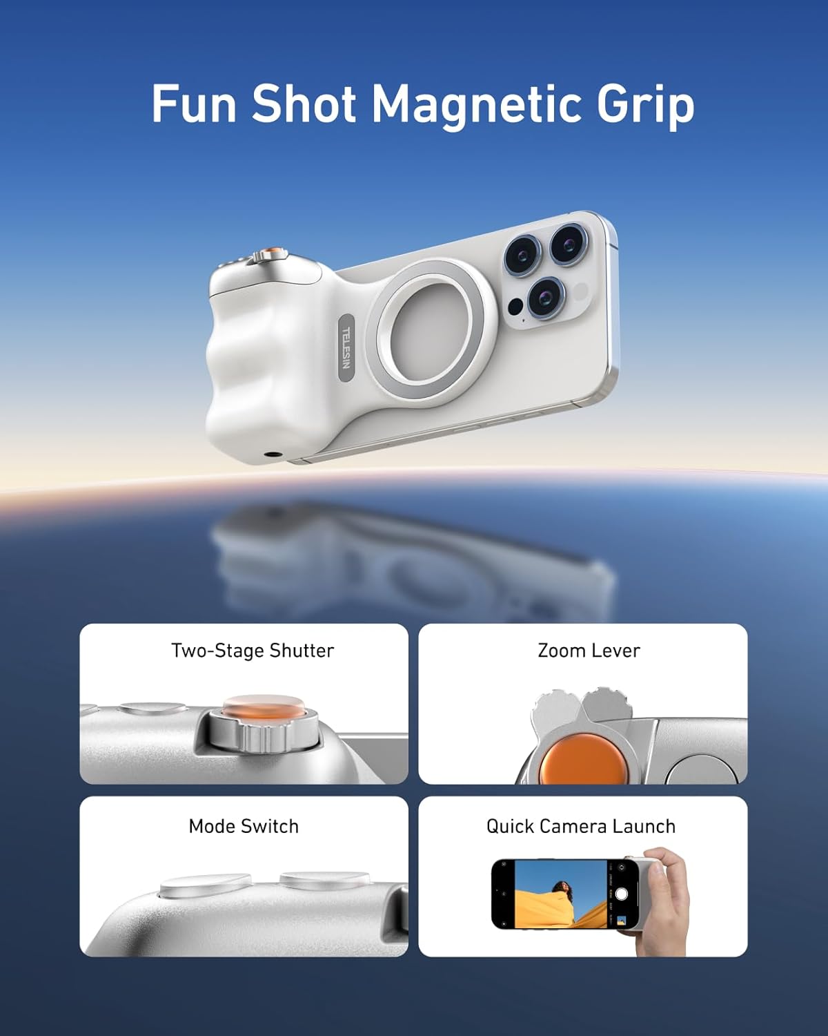Fun Shot Magnetic Phone Grip, Magnetic Camera DSLR Style Shutter Grip for Iphone & Android W Detachable Bluetooth Control - 1/4" Thread - Comfort Ergonomic Phone Camera Grip