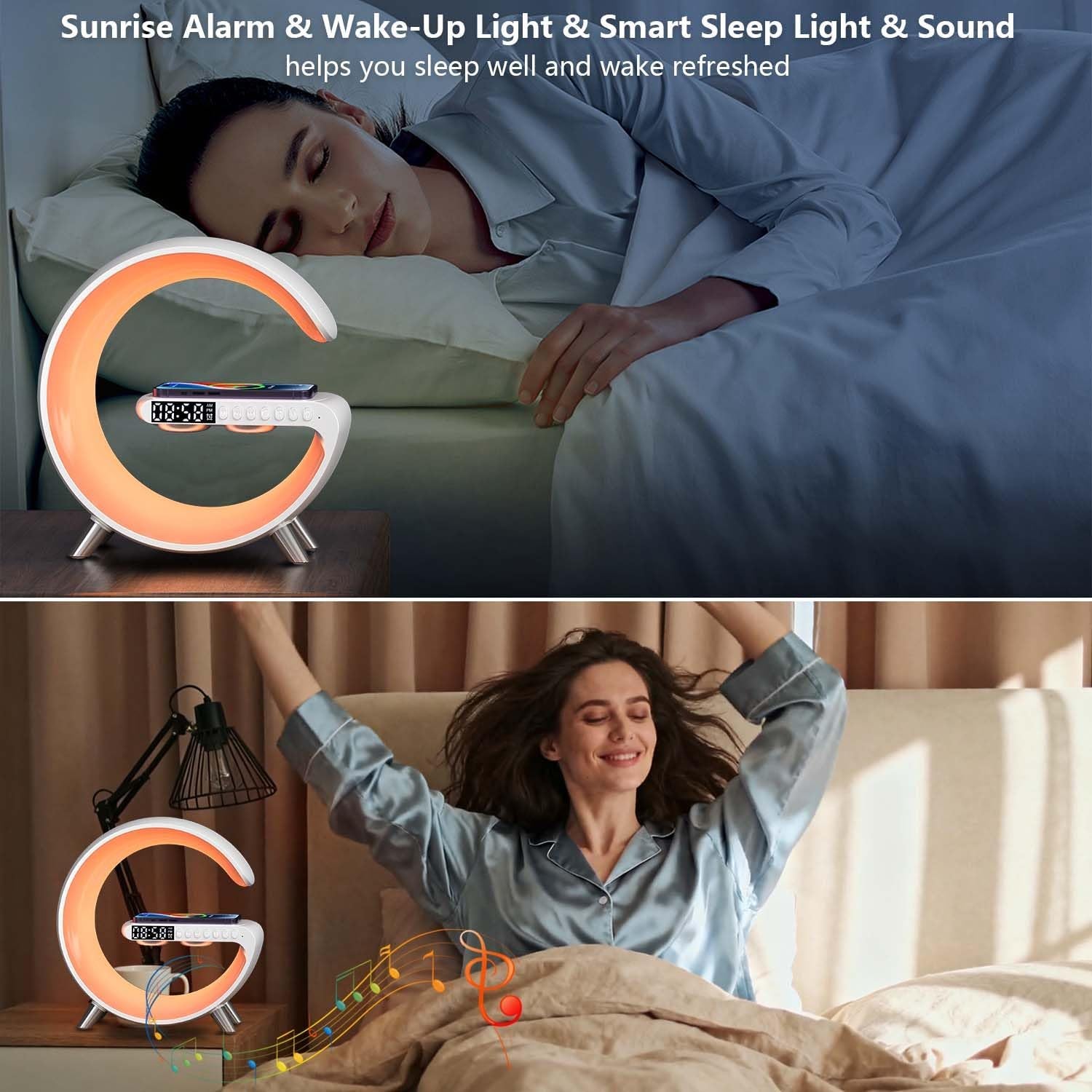 15W Wireless Charger Lamp, G-Shaped Bluetooth Wireless Speaker, App Control Wireless Speaker Lamp with Alarm Clock for Bedroom,Led Table Lamps Birthday Gifts for Teenage Boys Girls