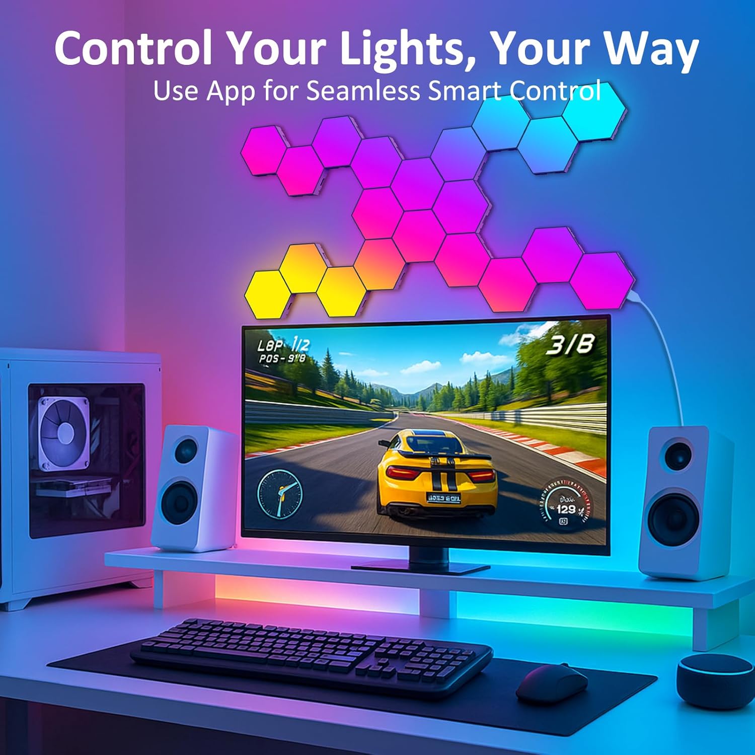 Hexagon LED Gaming Wandleuchte – 8 Stück RGB LED Panels, Musik-Sync & App-Steuerung, Modulare Wandbeleuchtung Für Gamer Zimmer, Wohnzimmer, Wanddeko Und Zimmer Deko