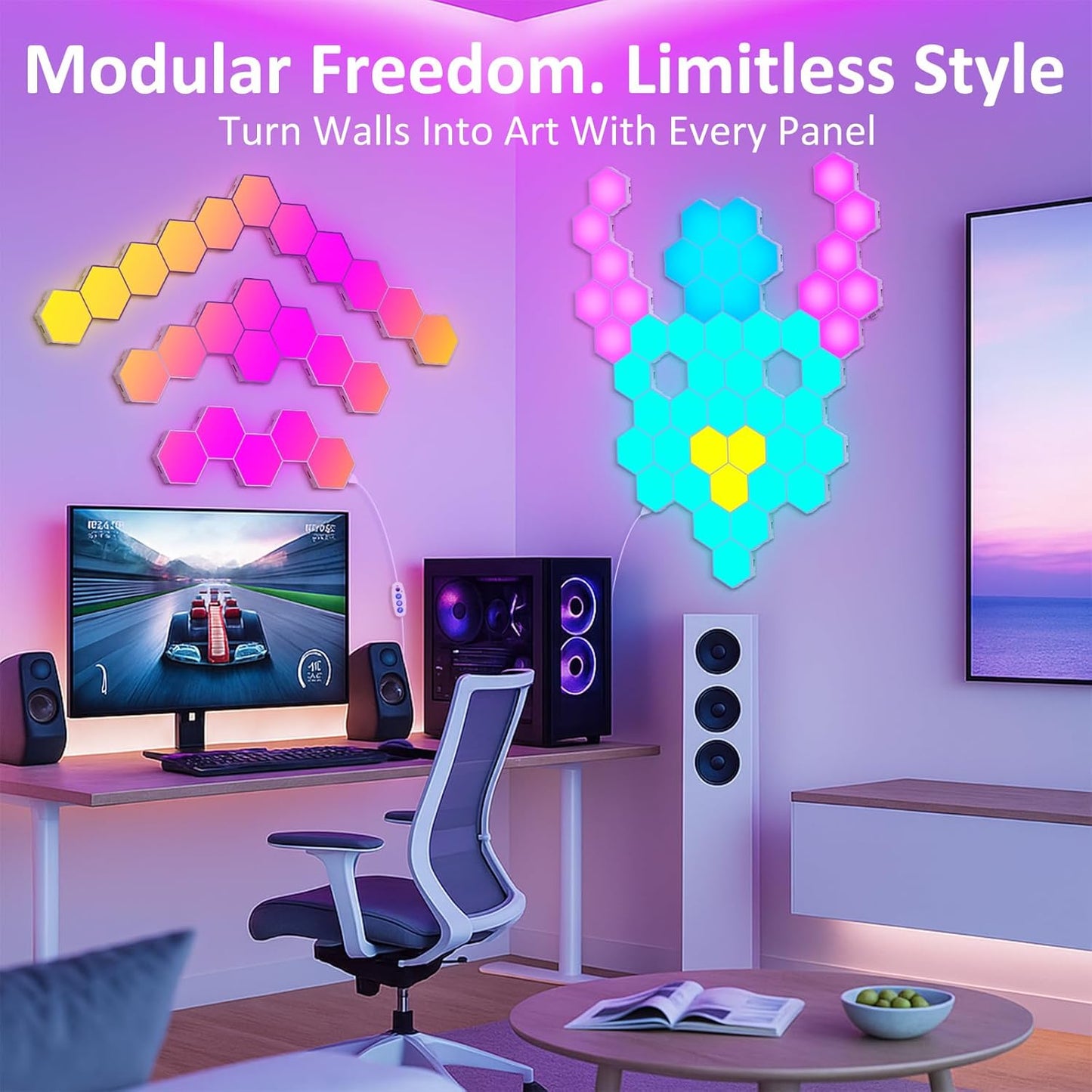 Hexagon LED Gaming Wandleuchte – 8 Stück RGB LED Panels, Musik-Sync & App-Steuerung, Modulare Wandbeleuchtung Für Gamer Zimmer, Wohnzimmer, Wanddeko Und Zimmer Deko