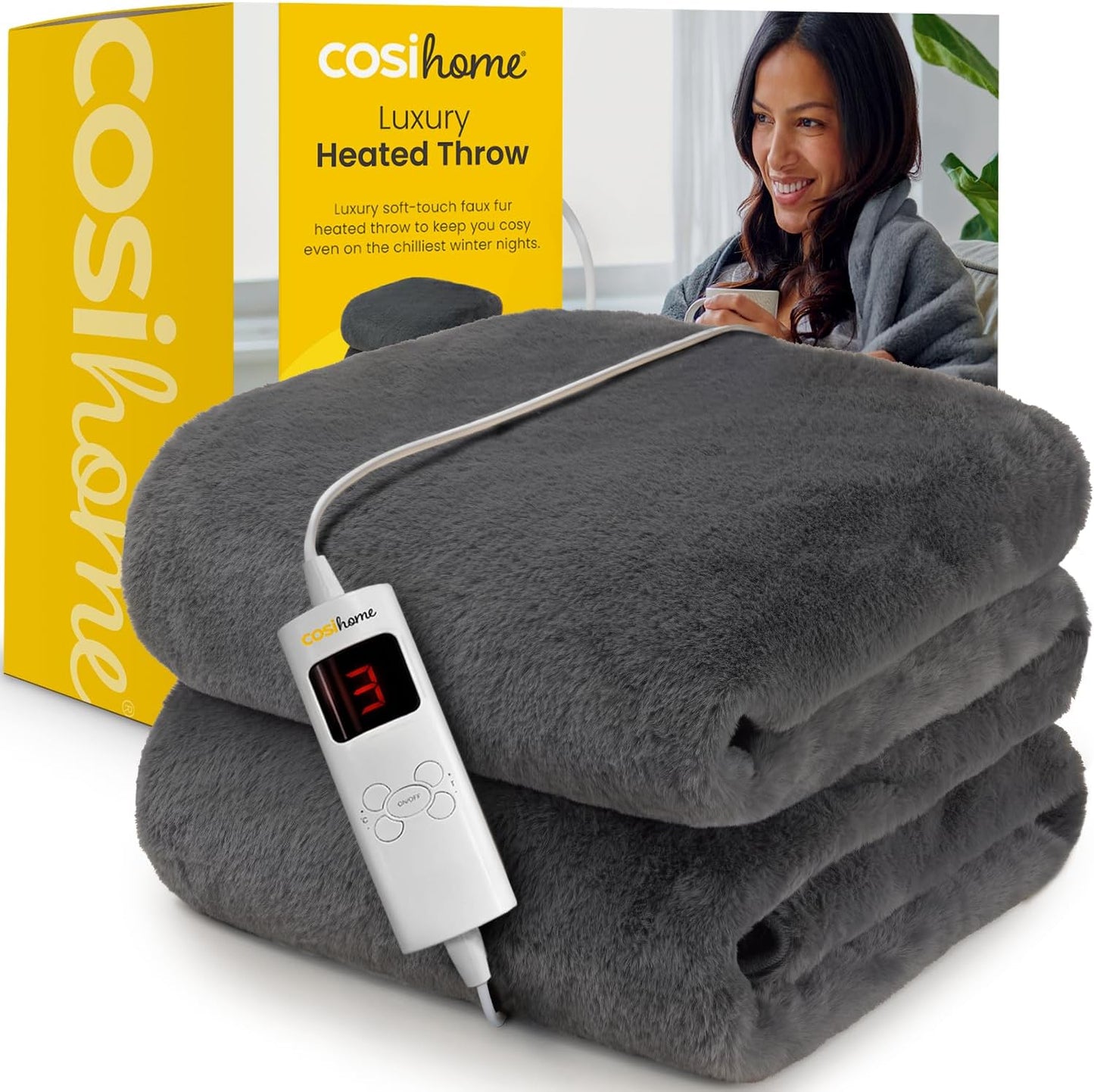 ® Luxury Faux Fur Heated Throw - Electric Heated Blanket with 9 Heat Settings, 9 Hour Timer and Overheat Protection - Machine Washable with Remote Control - Grey Fur Throw