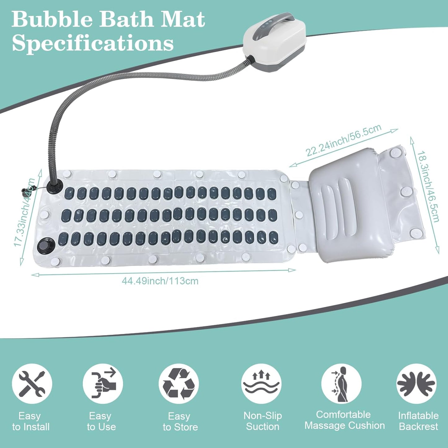 Bubble Bath Mat Electric Portable Spa Bathtub Non-Slip Mat Waterproof Full Body Massager with Suction Cup Bottom Adjustable Bubble Bath Thermal Massager Machine