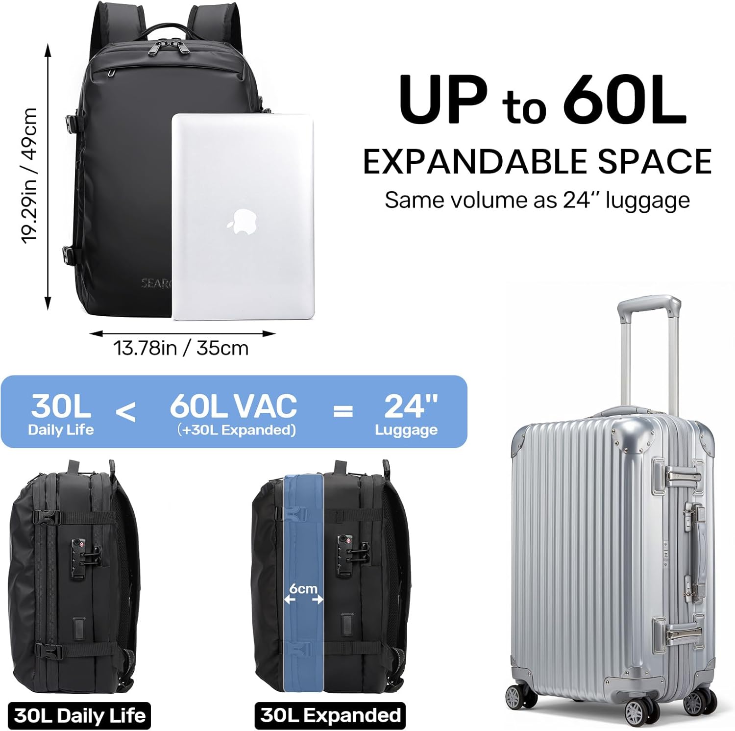 Travel Smart: Expandable 30L-60L Waterproof Backpack with USB Charging, Air Pump Comfort & 17.3" Laptop Fit