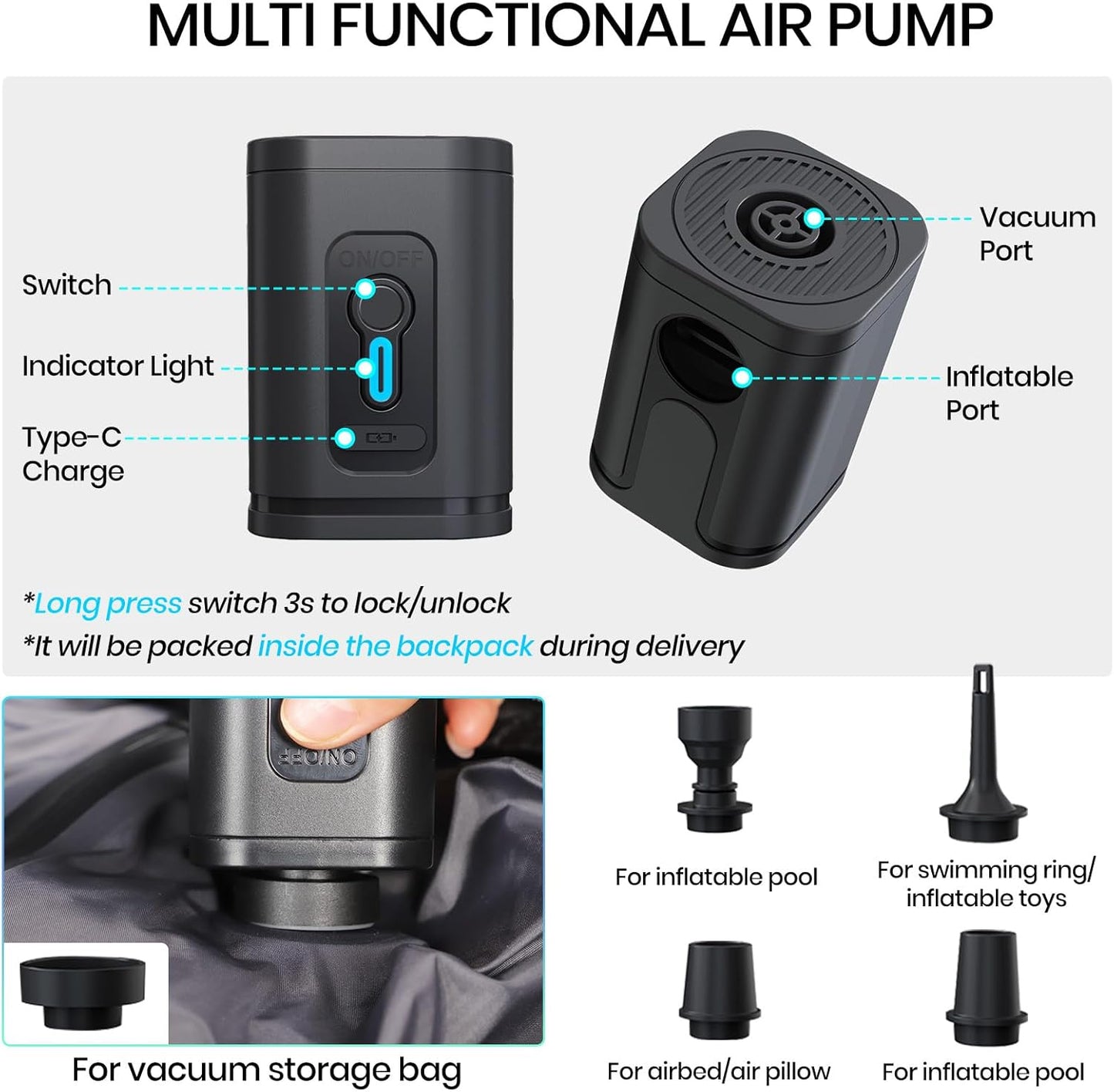 Travel Smart: Expandable 30L-60L Waterproof Backpack with USB Charging, Air Pump Comfort & 17.3" Laptop Fit