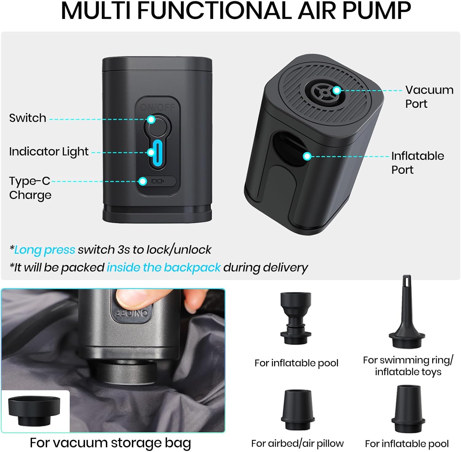 Travel Smart: Expandable 30L-60L Waterproof Backpack with USB Charging, Air Pump Comfort & 17.3" Laptop Fit