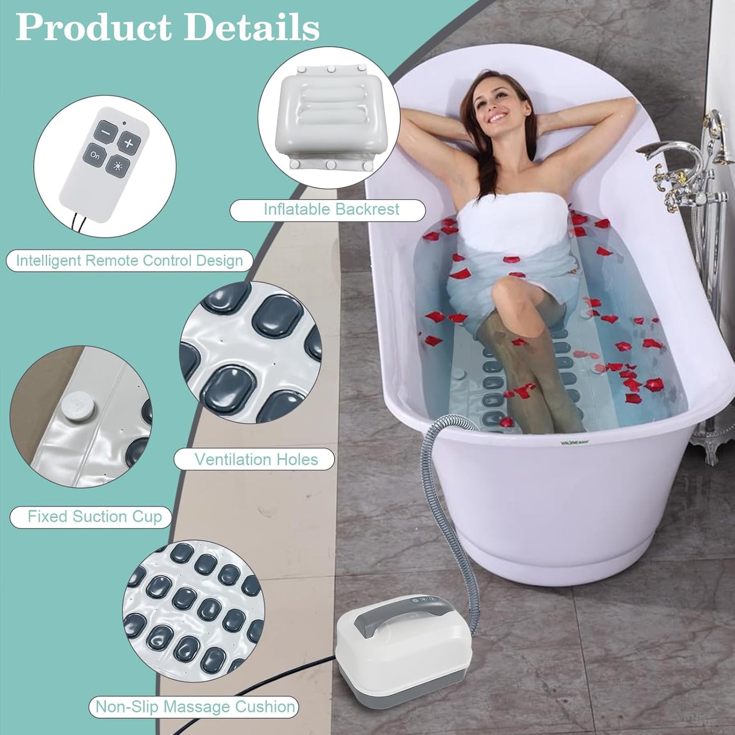 Bubble Bath Mat Electric Portable Spa Bathtub Non-Slip Mat Waterproof Full Body Massager with Suction Cup Bottom Adjustable Bubble Bath Thermal Massager Machine