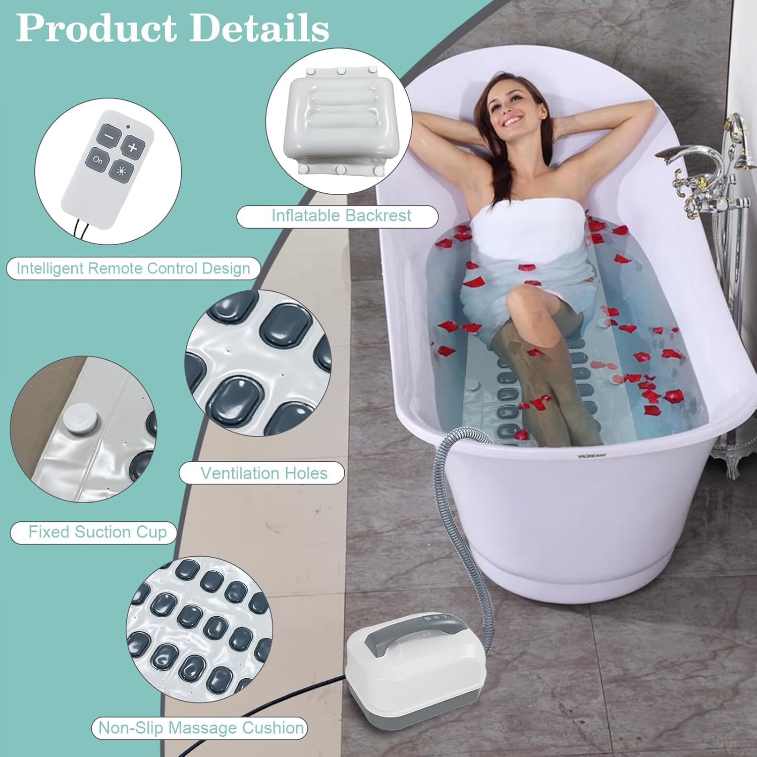 Bubble Bath Mat Electric Portable Spa Bathtub Non-Slip Mat Waterproof Full Body Massager with Suction Cup Bottom Adjustable Bubble Bath Thermal Massager Machine