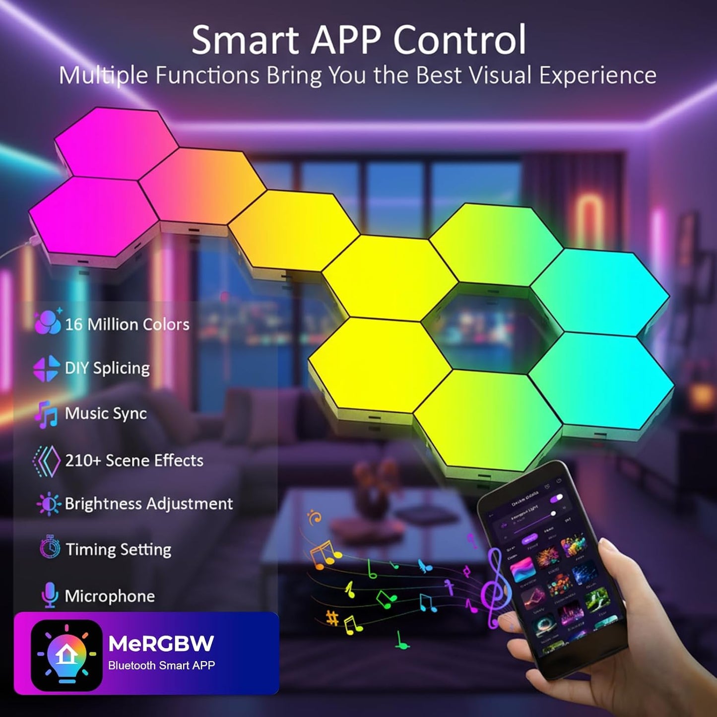 Hexagon LED Gaming Wandleuchte – 8 Stück RGB LED Panels, Musik-Sync & App-Steuerung, Modulare Wandbeleuchtung Für Gamer Zimmer, Wohnzimmer, Wanddeko Und Zimmer Deko
