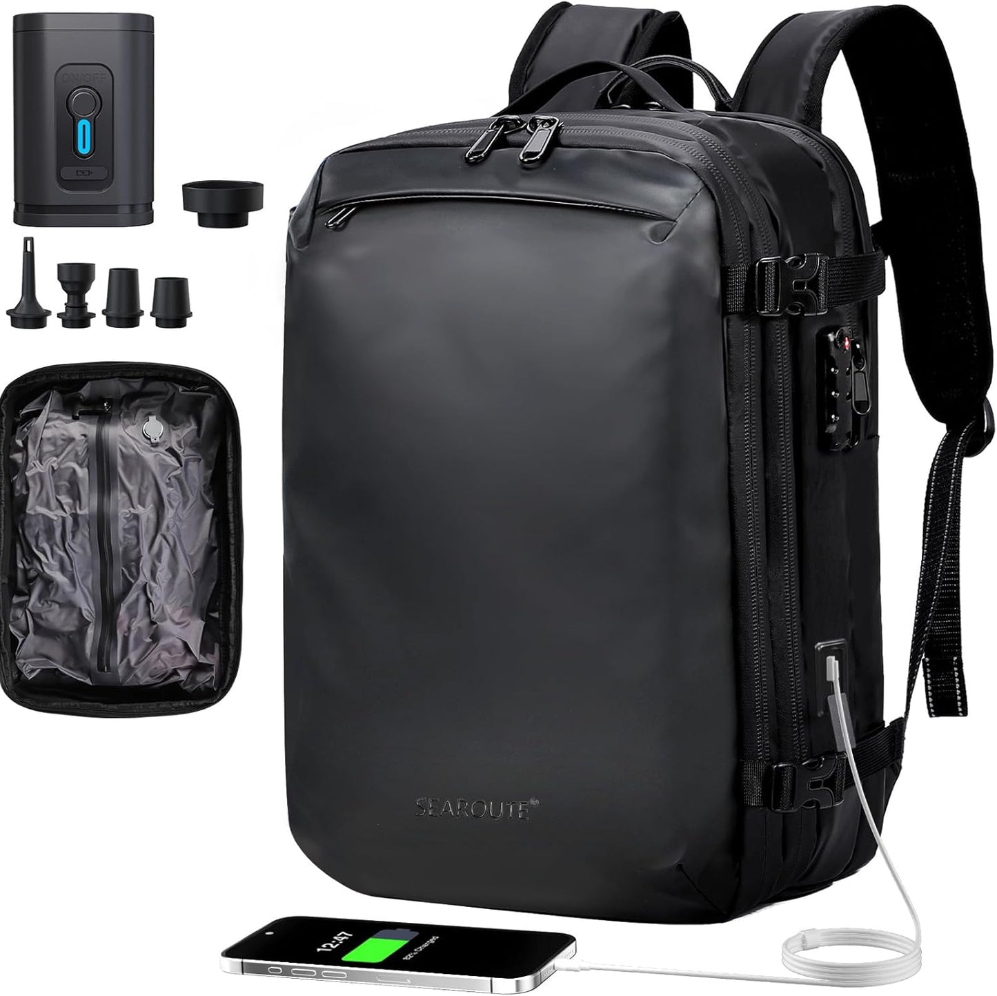 Travel Smart: Expandable 30L-60L Waterproof Backpack with USB Charging, Air Pump Comfort & 17.3" Laptop Fit