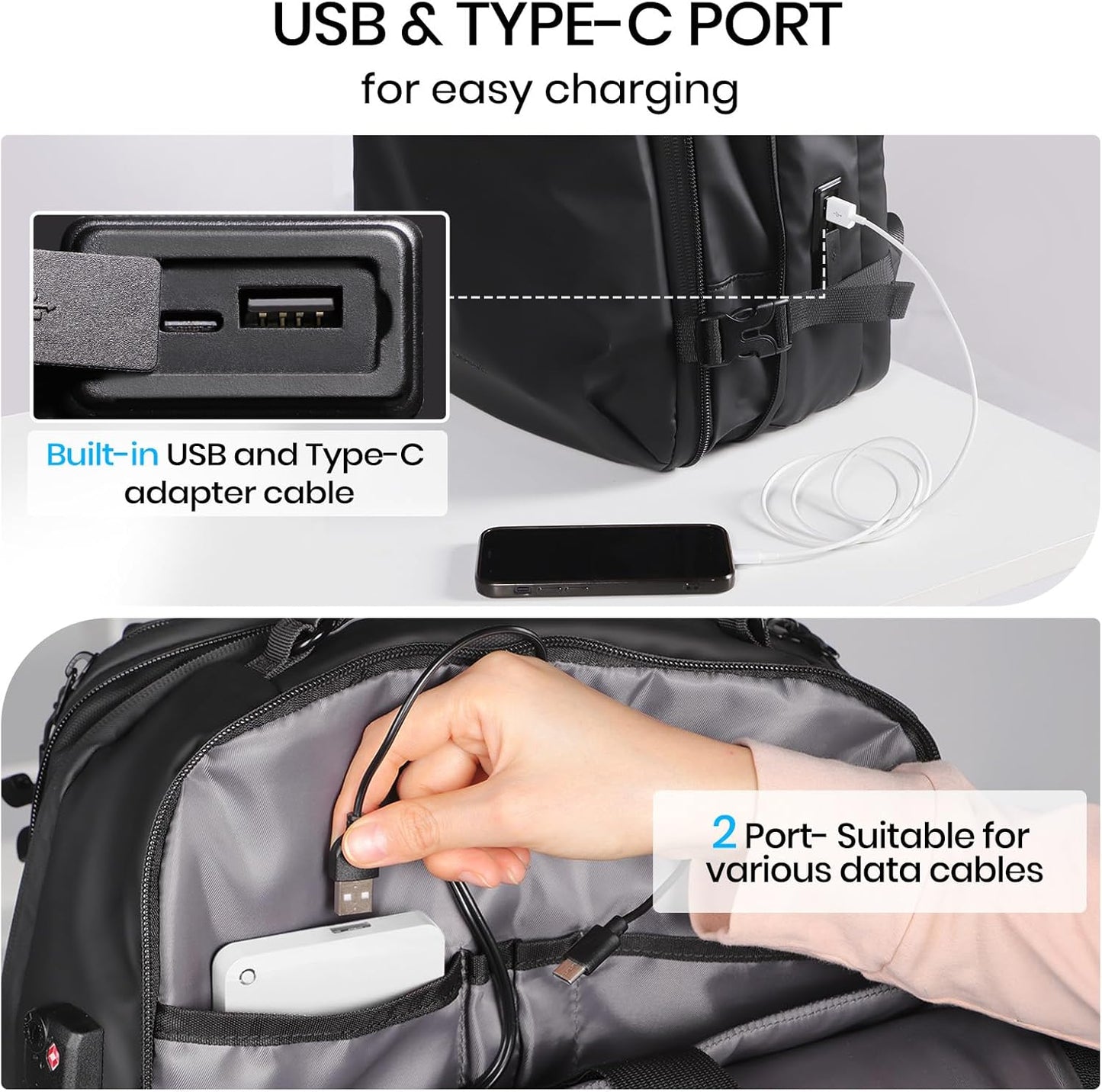 Travel Smart: Expandable 30L-60L Waterproof Backpack with USB Charging, Air Pump Comfort & 17.3" Laptop Fit