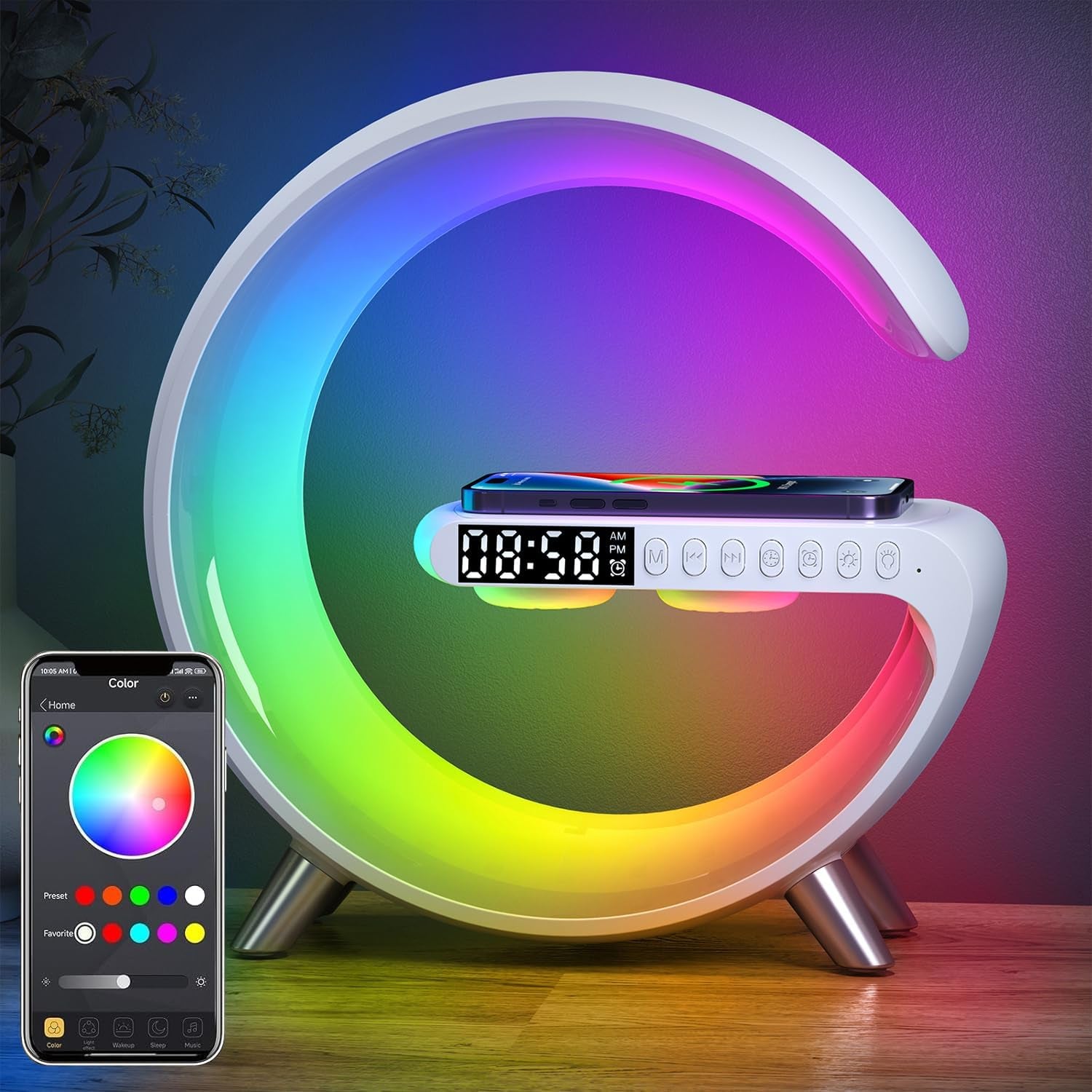 15W Wireless Charger Lamp, G-Shaped Bluetooth Wireless Speaker, App Control Wireless Speaker Lamp with Alarm Clock for Bedroom,Led Table Lamps Birthday Gifts for Teenage Boys Girls