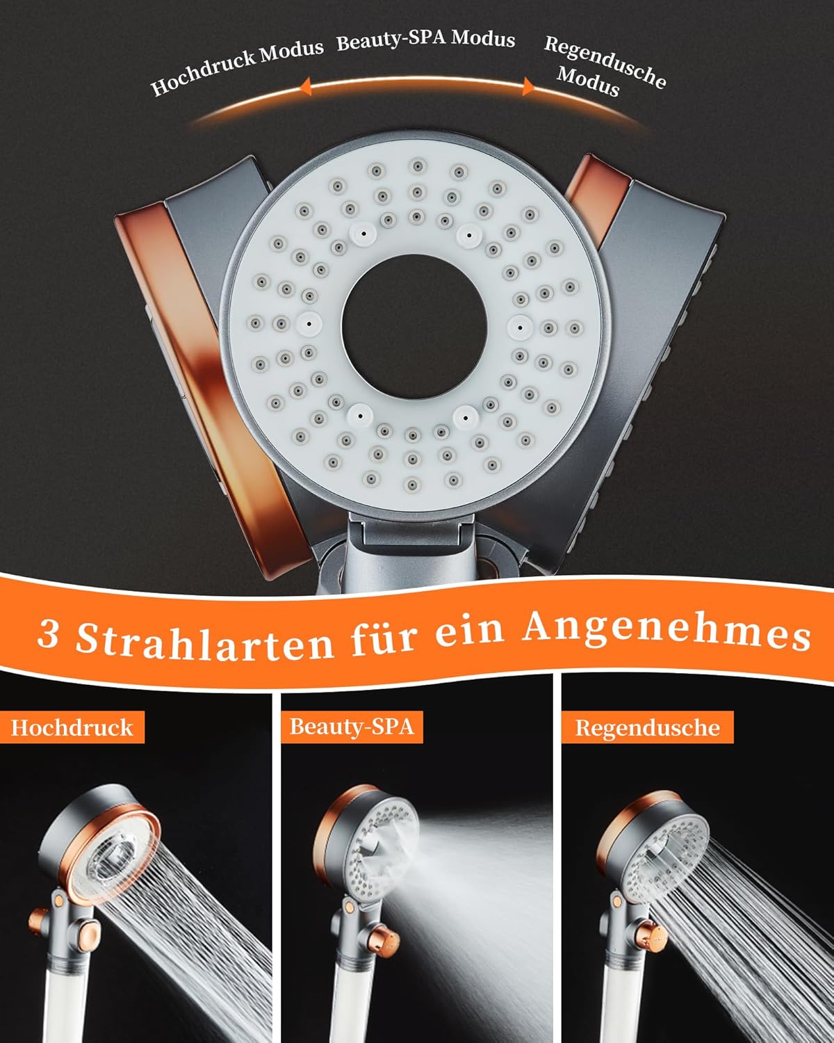 Sparduschkopf Wassersparend Mit 3 Strahlarten, Druckerhöhend Handbrause Mit Filter Gegen Kalk, Regendusche Duschköpfe, Duschsparkopf Wassersparend Mit Stoppfunktion, SPA Brausekopf Dusche