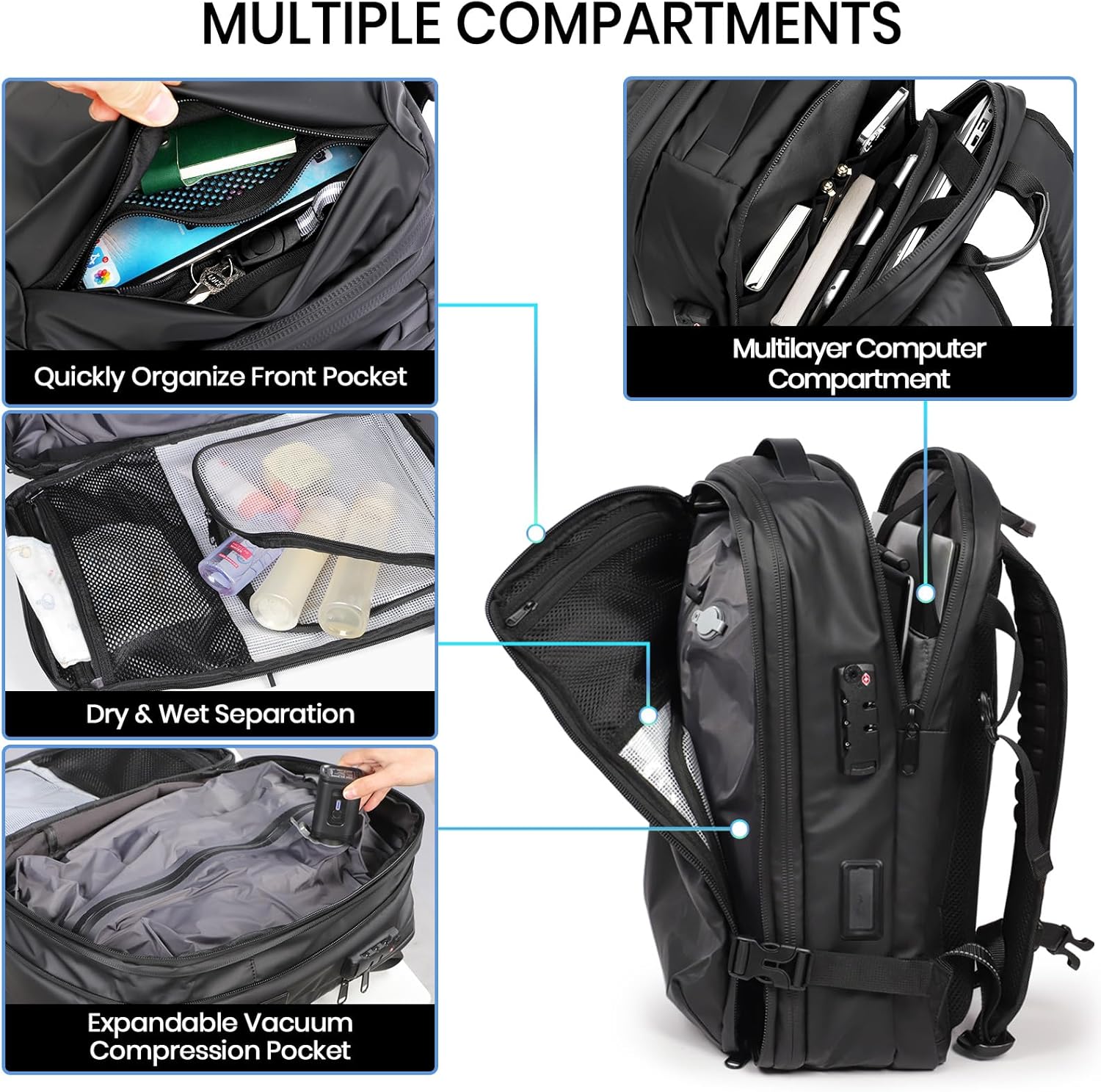 Travel Smart: Expandable 30L-60L Waterproof Backpack with USB Charging, Air Pump Comfort & 17.3" Laptop Fit