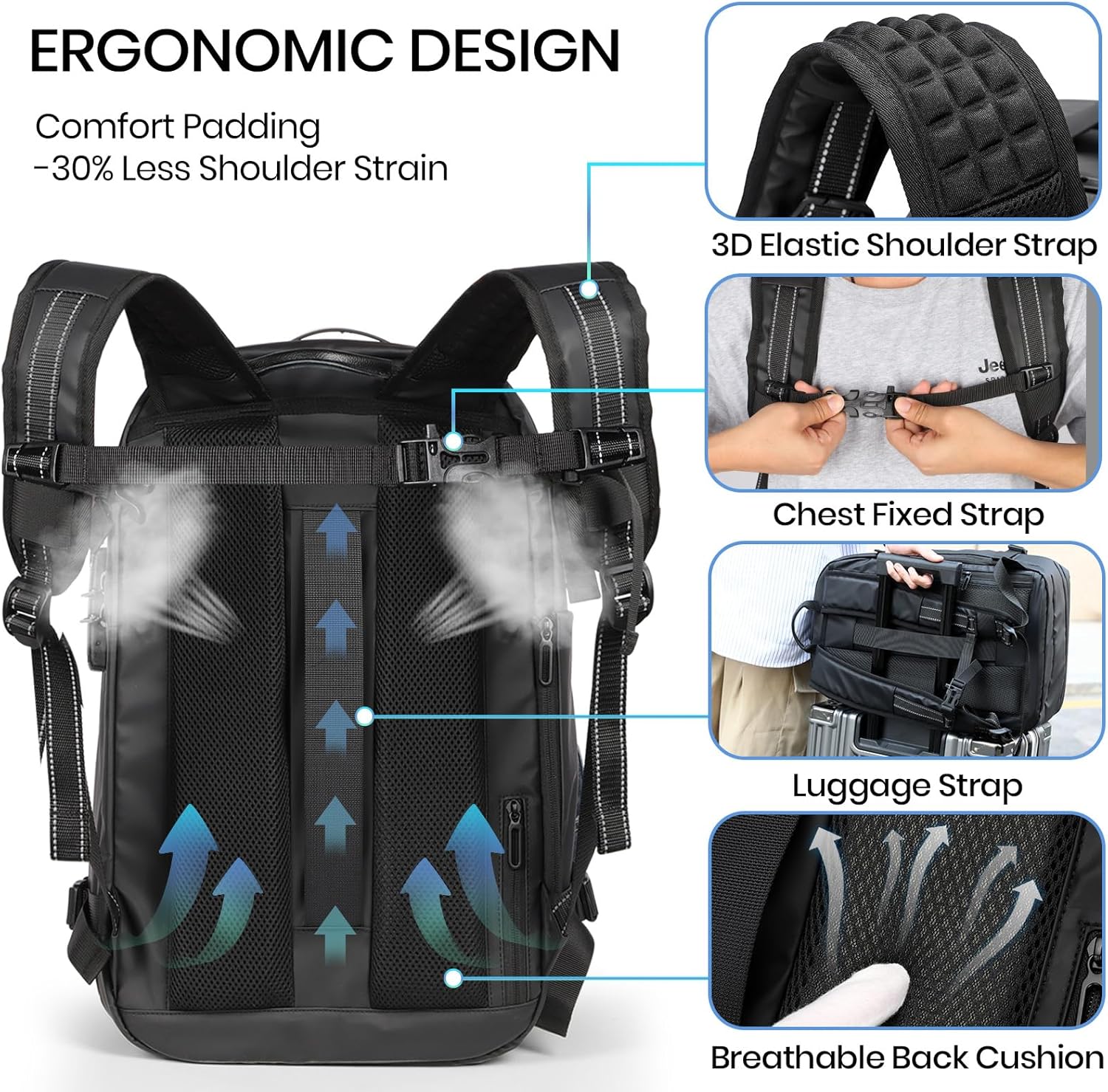 Travel Smart: Expandable 30L-60L Waterproof Backpack with USB Charging, Air Pump Comfort & 17.3" Laptop Fit