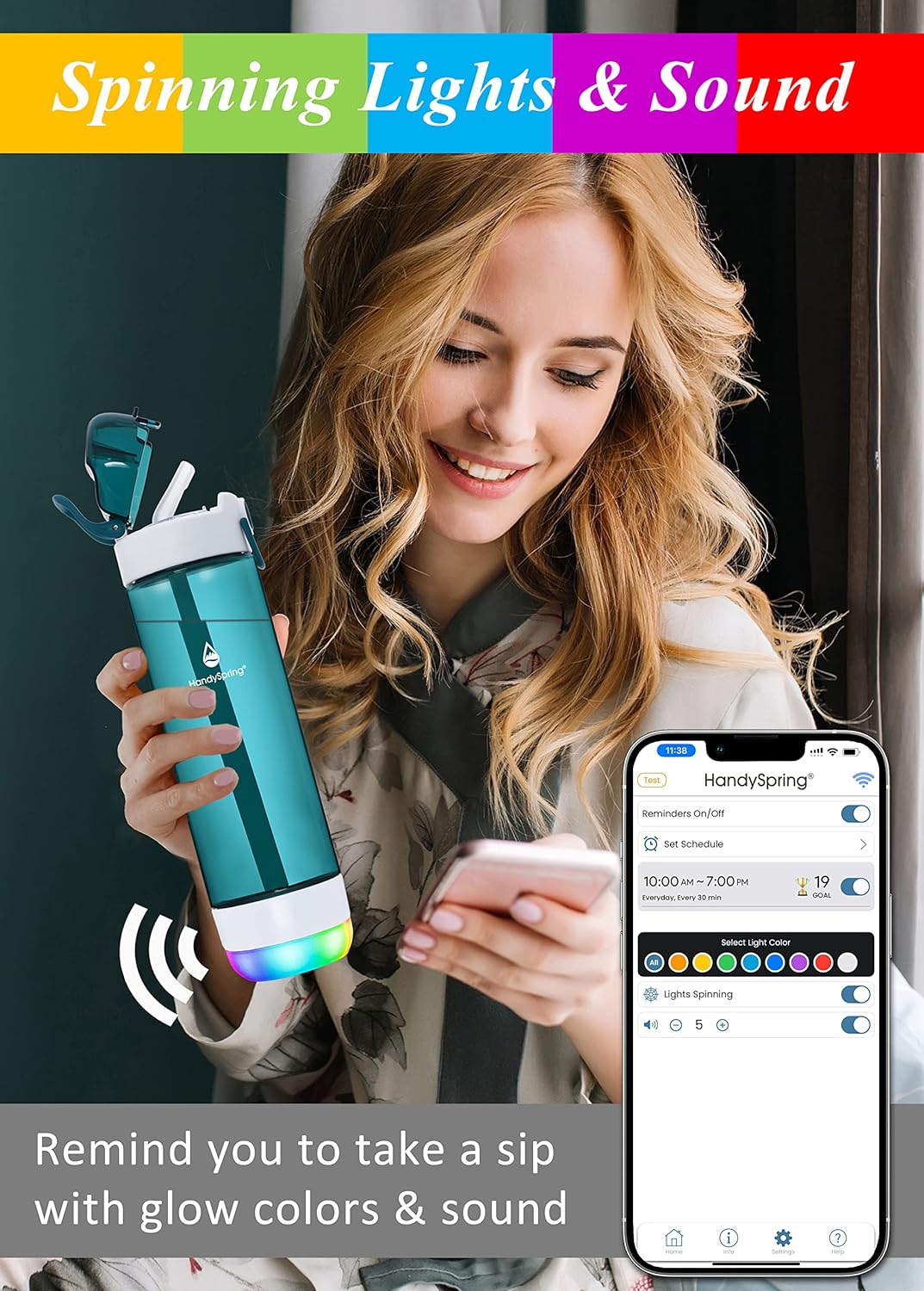 Smart Water Bottle with Reminder to Drink Water, Lights and Sound, Water Intake Tracker, Rechargeable, Tritan Plastic W/Straw, Gifts for Women, Men, Mom, Dad, Her, Him 26 Oz (White)