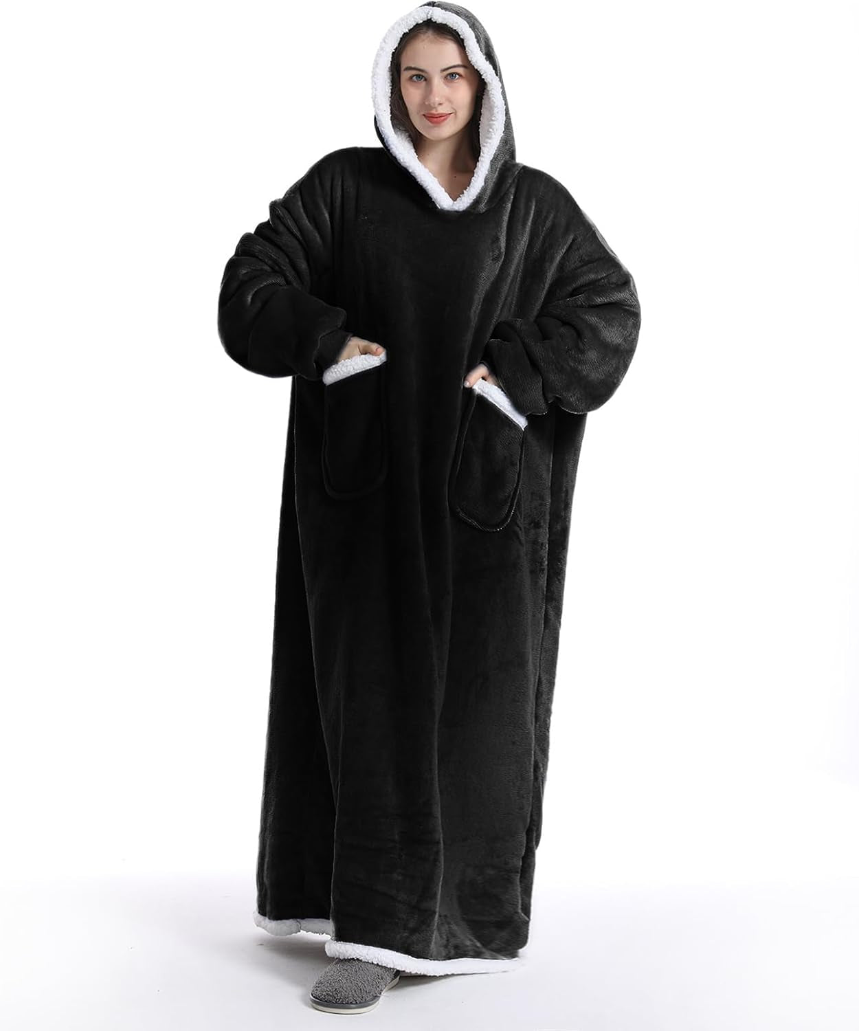 Extra Long Oversized Blanket Hoodie, Super Warm Soft Sherpa Fleece Hooded, Comfy Wearable Snuggle Blanket Sweatshirt with Giant Pockets, One Size Fits All Men Women Teenagers Black