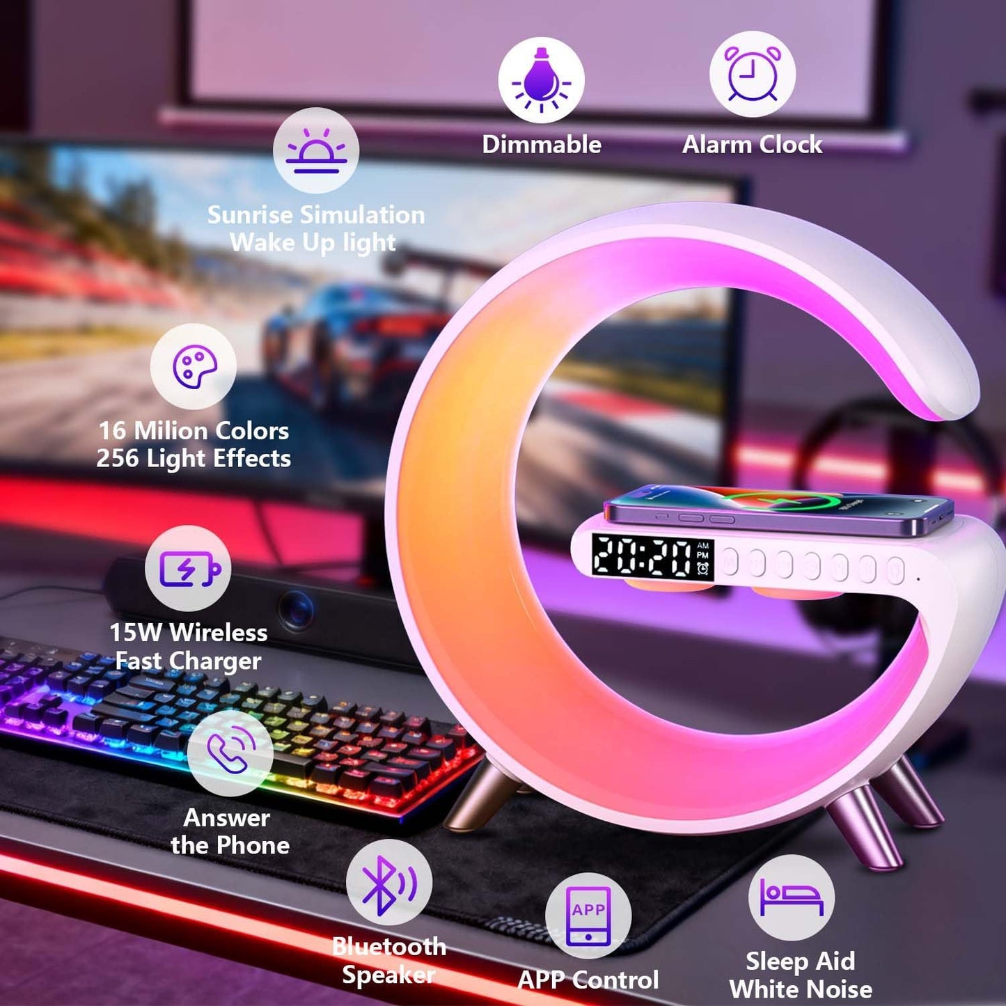 15W Wireless Charger Lamp, G-Shaped Bluetooth Wireless Speaker, App Control Wireless Speaker Lamp with Alarm Clock for Bedroom,Led Table Lamps Birthday Gifts for Teenage Boys Girls