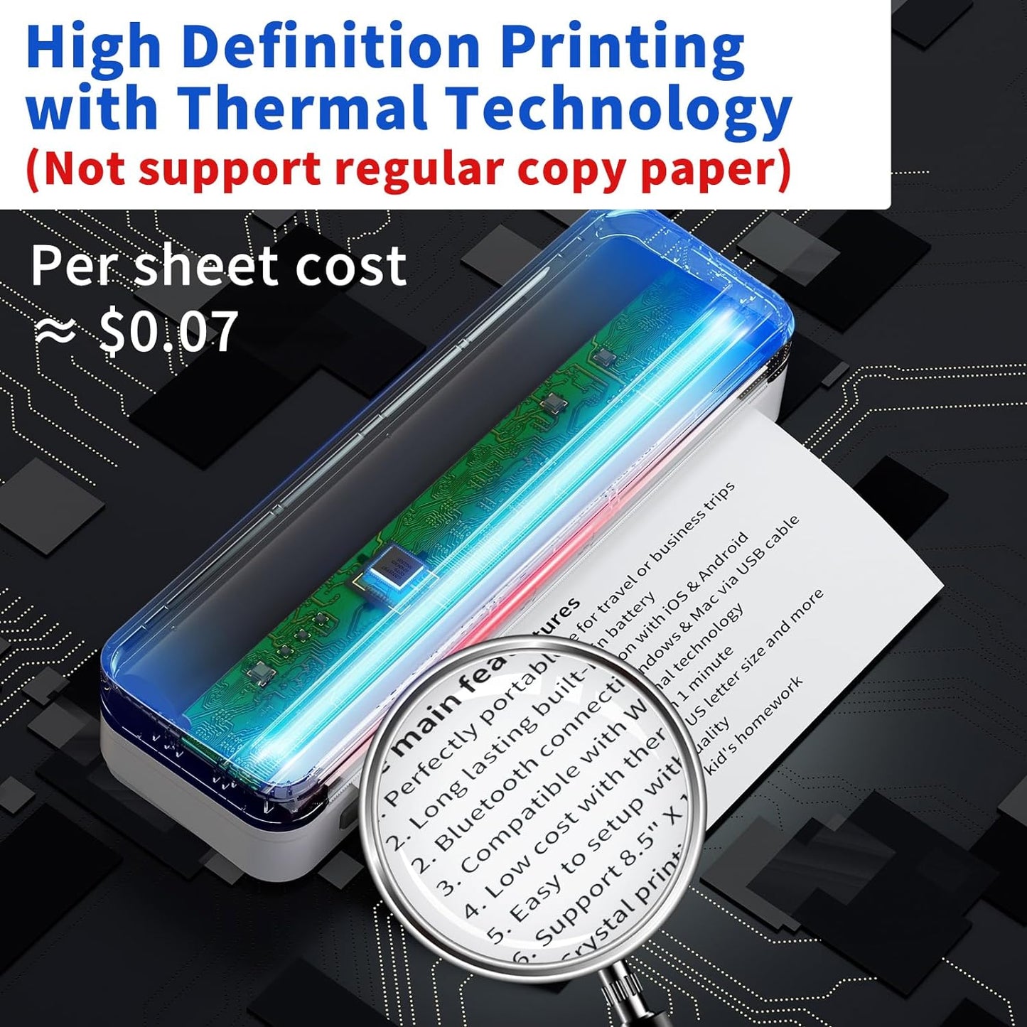 Portable Printers Wireless for Travel, A4 Thermal Printer, Bluetooth Thermal Printer Compatible with Ios, Android & Laptop, Inkless Mobile Printer for Office, Home, School