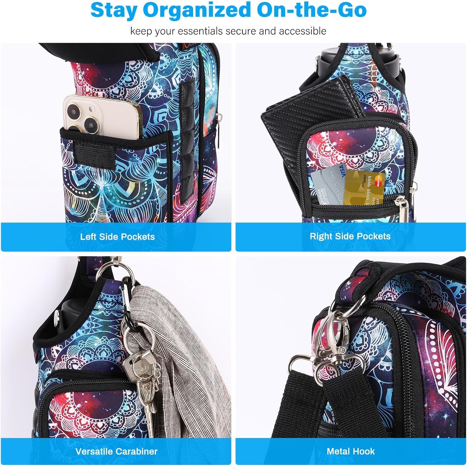 Magnetic Gym Bag Water Bottle Carrier Holder with Strap & Phone Pockets, Diameter 3.9" Gym Magnetic Bag 5 Built-In Magnets Gym Accessories Organizer Bottle Pouch Sling Sleeve