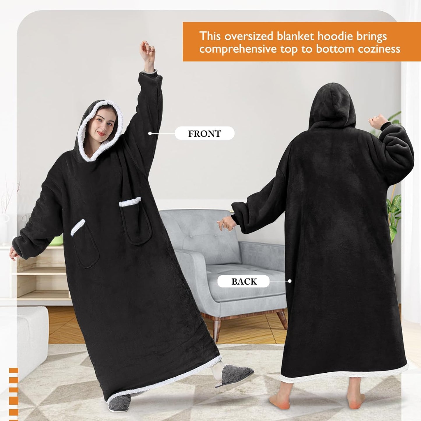 Extra Long Oversized Blanket Hoodie, Super Warm Soft Sherpa Fleece Hooded, Comfy Wearable Snuggle Blanket Sweatshirt with Giant Pockets, One Size Fits All Men Women Teenagers Black