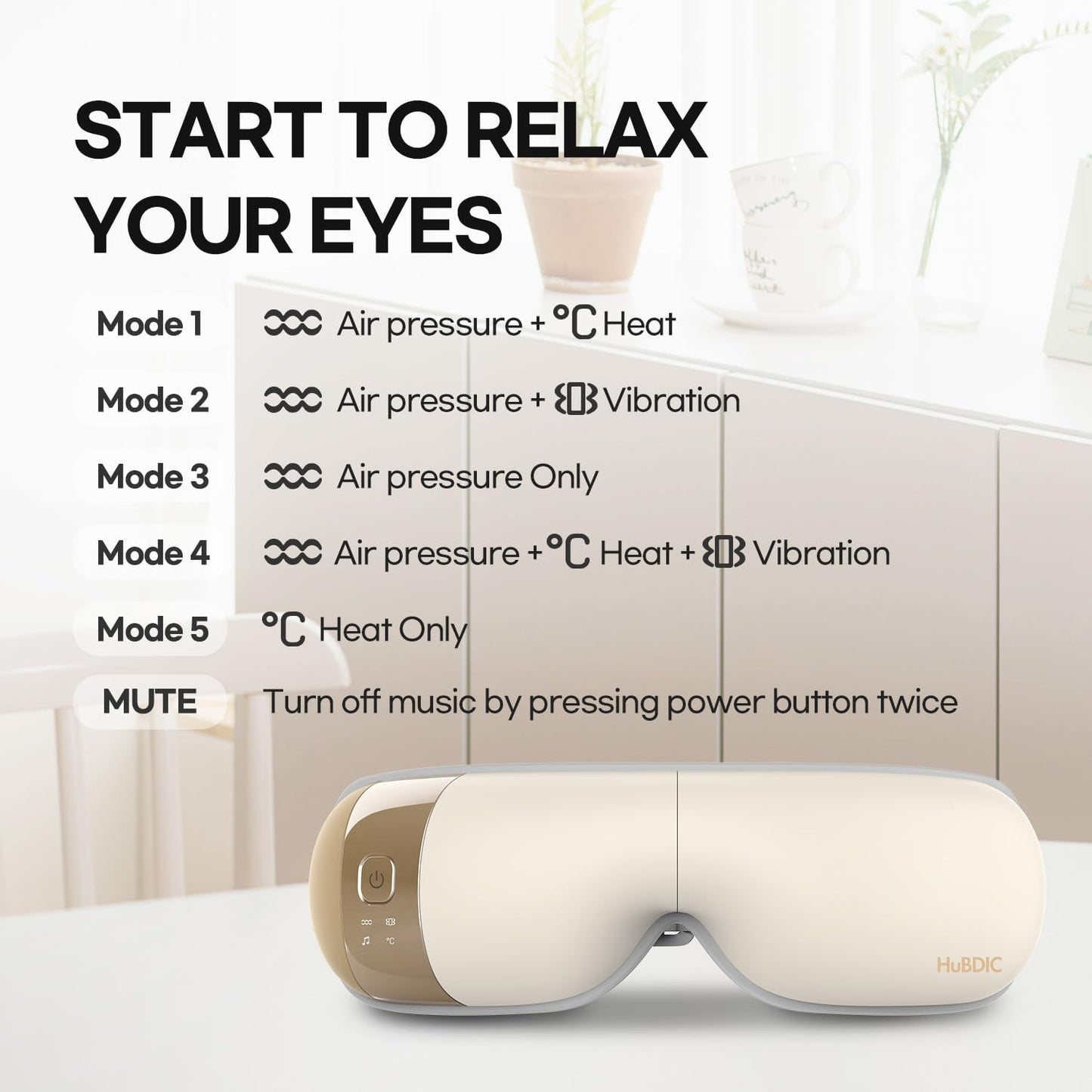 Hubicare Eye Massager with Heat, Vibration, and Music Helps Relieve Strain, Dark Circles, Dryness, and Migraines While Promoting Relaxation and Better Sleep Gift for Men Women (Ivory)