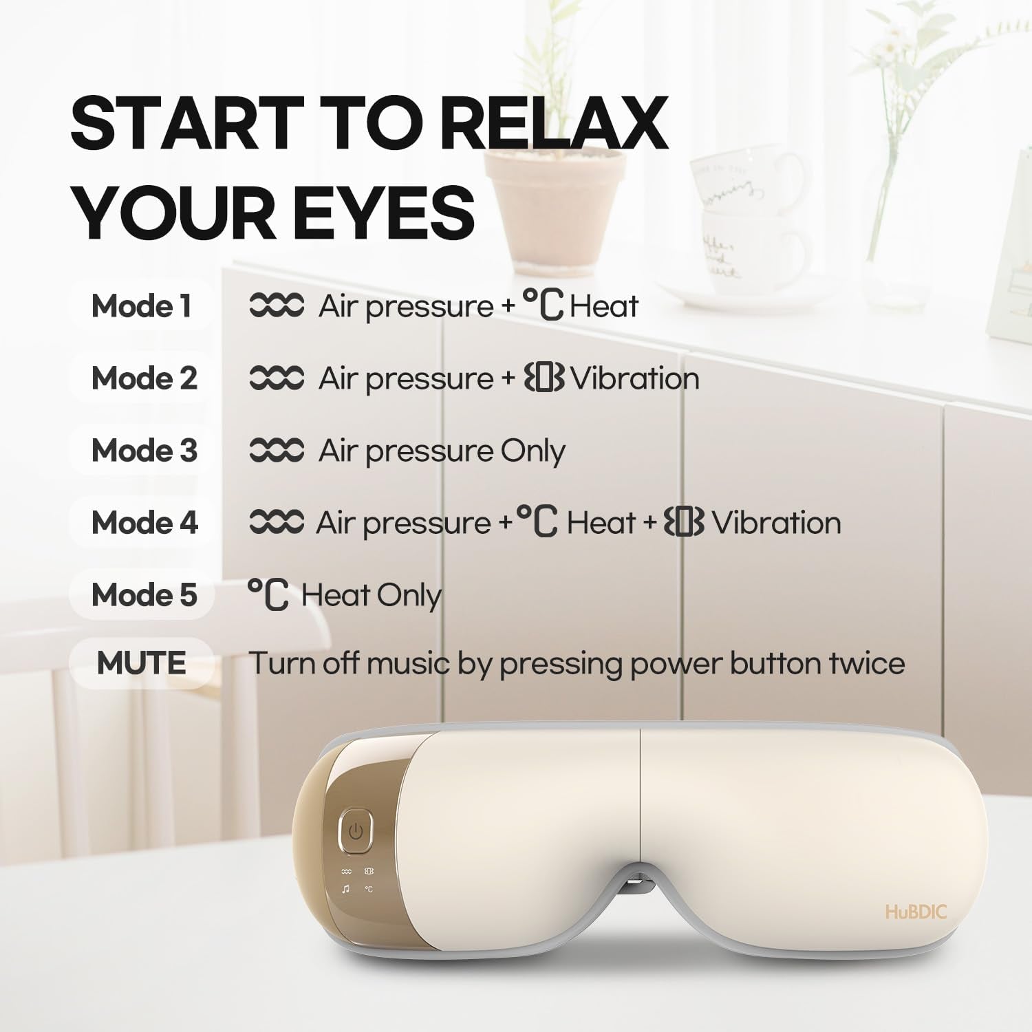 Hubicare Eye Massager with Heat, Vibration, and Music Helps Relieve Strain, Dark Circles, Dryness, and Migraines While Promoting Relaxation and Better Sleep Gift for Men Women (Ivory)