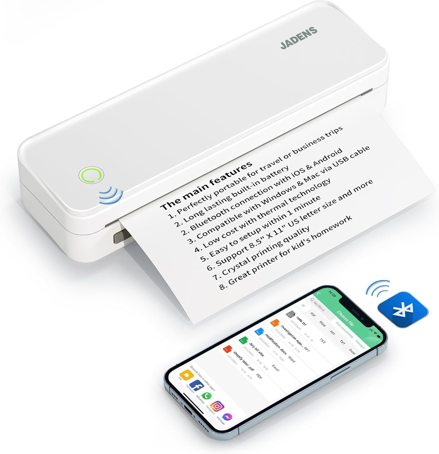 Portable Printers Wireless for Travel, A4 Thermal Printer, Bluetooth Thermal Printer Compatible with Ios, Android & Laptop, Inkless Mobile Printer for Office, Home, School