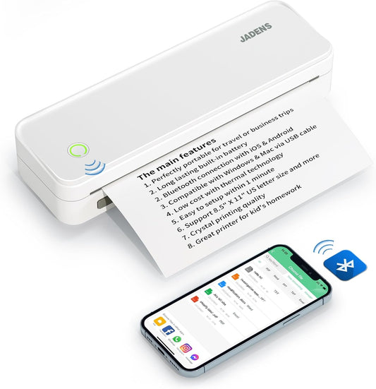 Portable Printers Wireless for Travel, A4 Thermal Printer, Bluetooth Thermal Printer Compatible with Ios, Android & Laptop, Inkless Mobile Printer for Office, Home, School