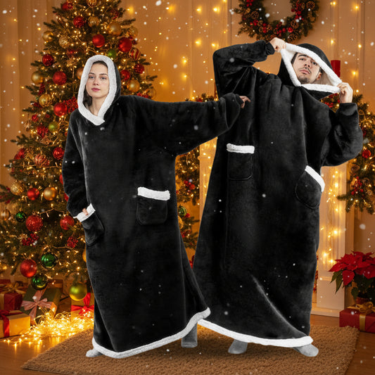 Extra Long Oversized Blanket Hoodie, Super Warm Soft Sherpa Fleece Hooded, Comfy Wearable Snuggle Blanket Sweatshirt with Giant Pockets, One Size Fits All Men Women Teenagers Black