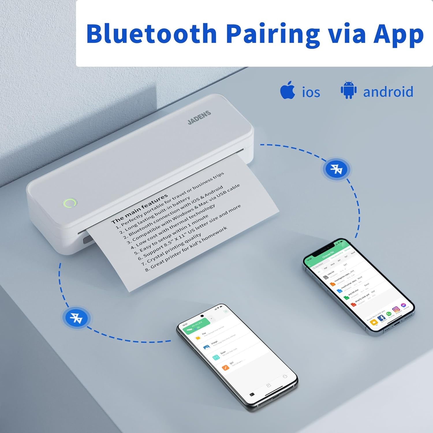 Portable Printers Wireless for Travel, A4 Thermal Printer, Bluetooth Thermal Printer Compatible with Ios, Android & Laptop, Inkless Mobile Printer for Office, Home, School