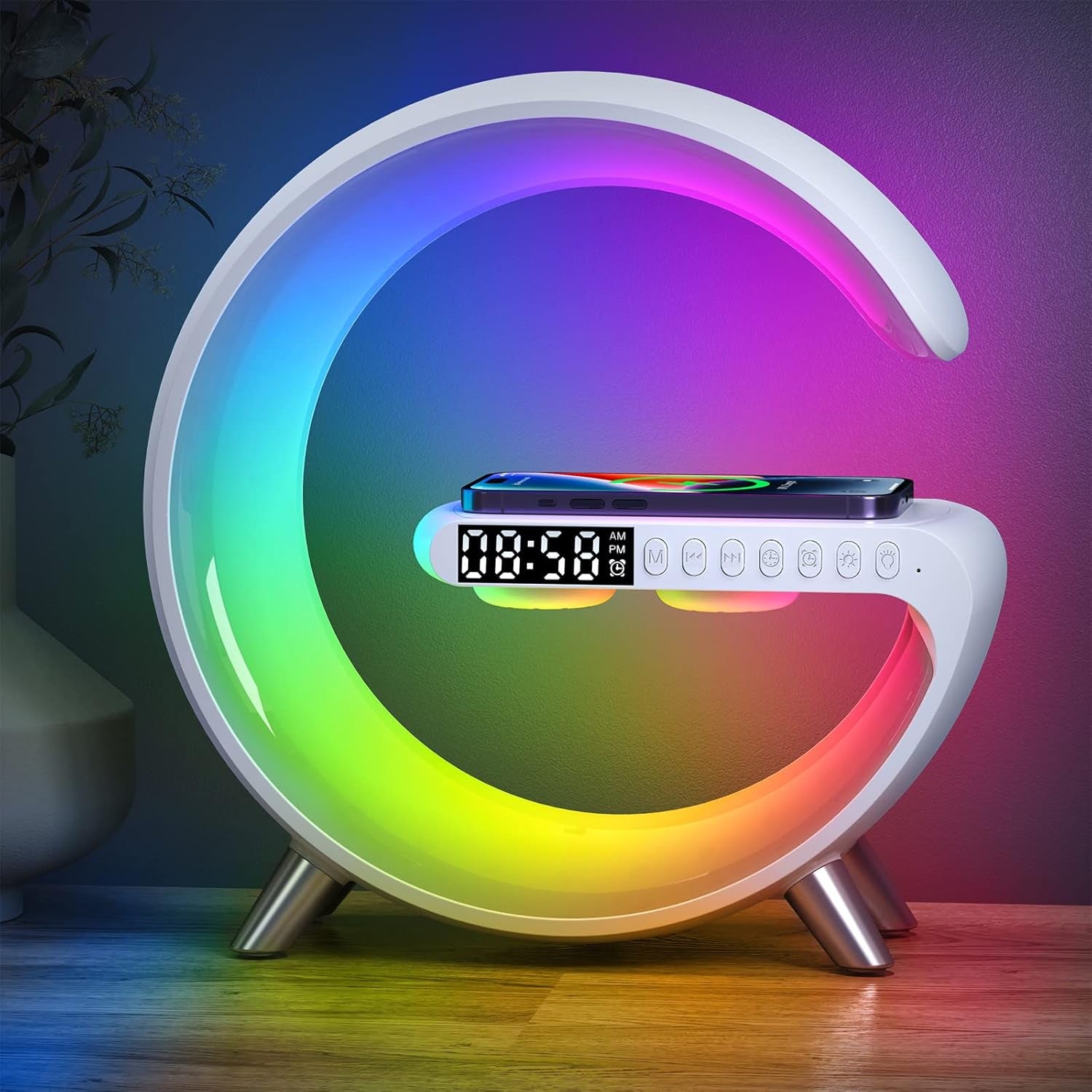 15W Wireless Charger Lamp, G-Shaped Bluetooth Wireless Speaker, App Control Wireless Speaker Lamp with Alarm Clock for Bedroom,Led Table Lamps Birthday Gifts for Teenage Boys Girls