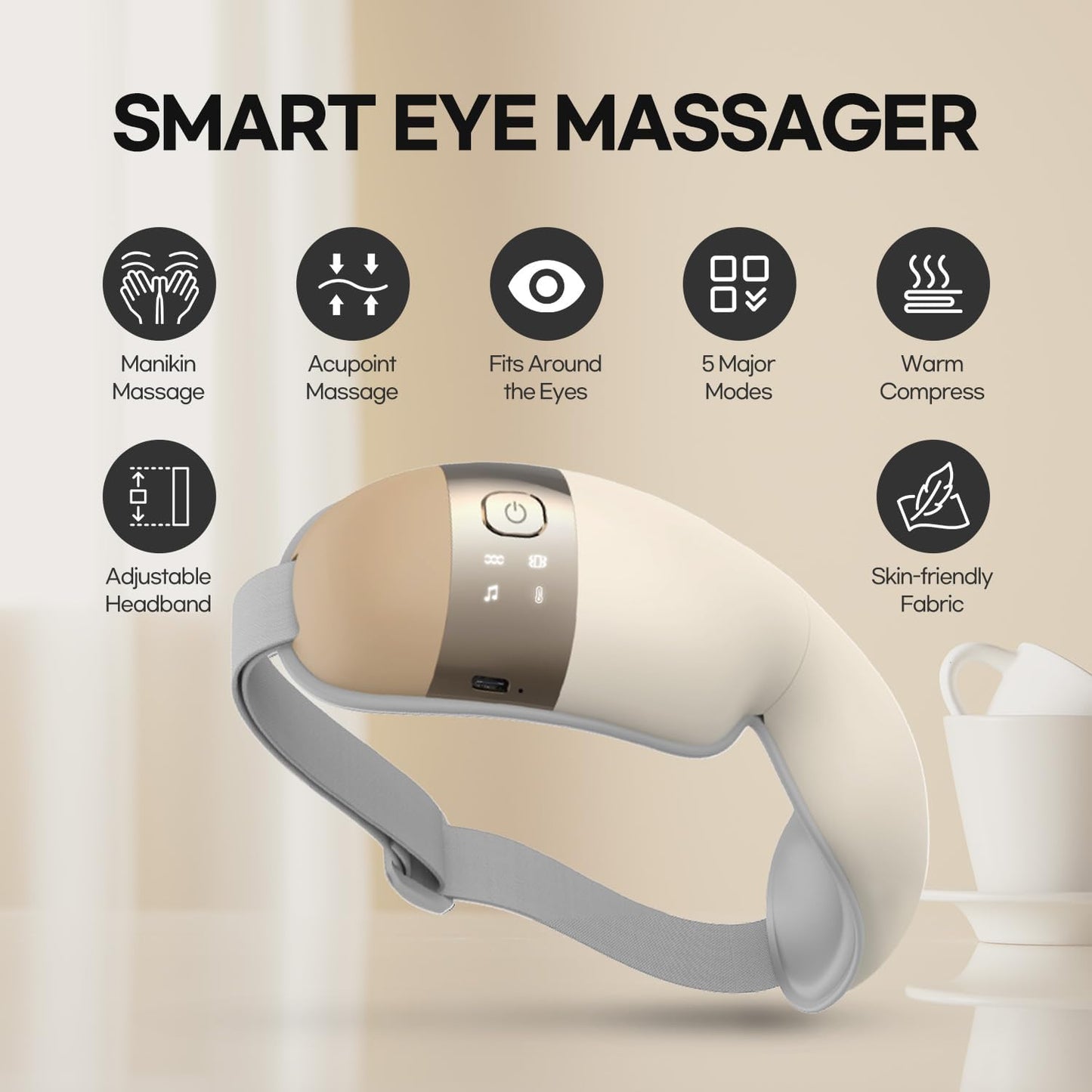 Hubicare Eye Massager with Heat, Vibration, and Music Helps Relieve Strain, Dark Circles, Dryness, and Migraines While Promoting Relaxation and Better Sleep Gift for Men Women (Ivory)