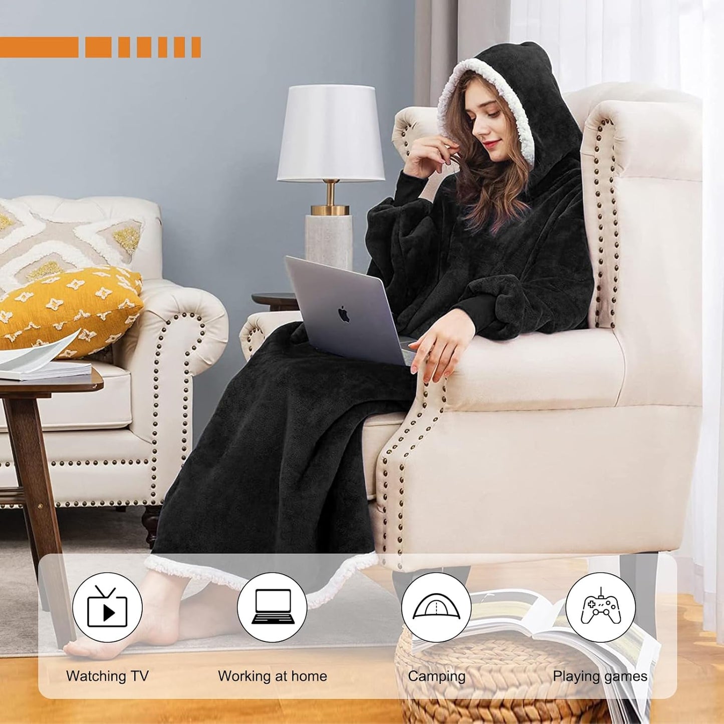 Extra Long Oversized Blanket Hoodie, Super Warm Soft Sherpa Fleece Hooded, Comfy Wearable Snuggle Blanket Sweatshirt with Giant Pockets, One Size Fits All Men Women Teenagers Black