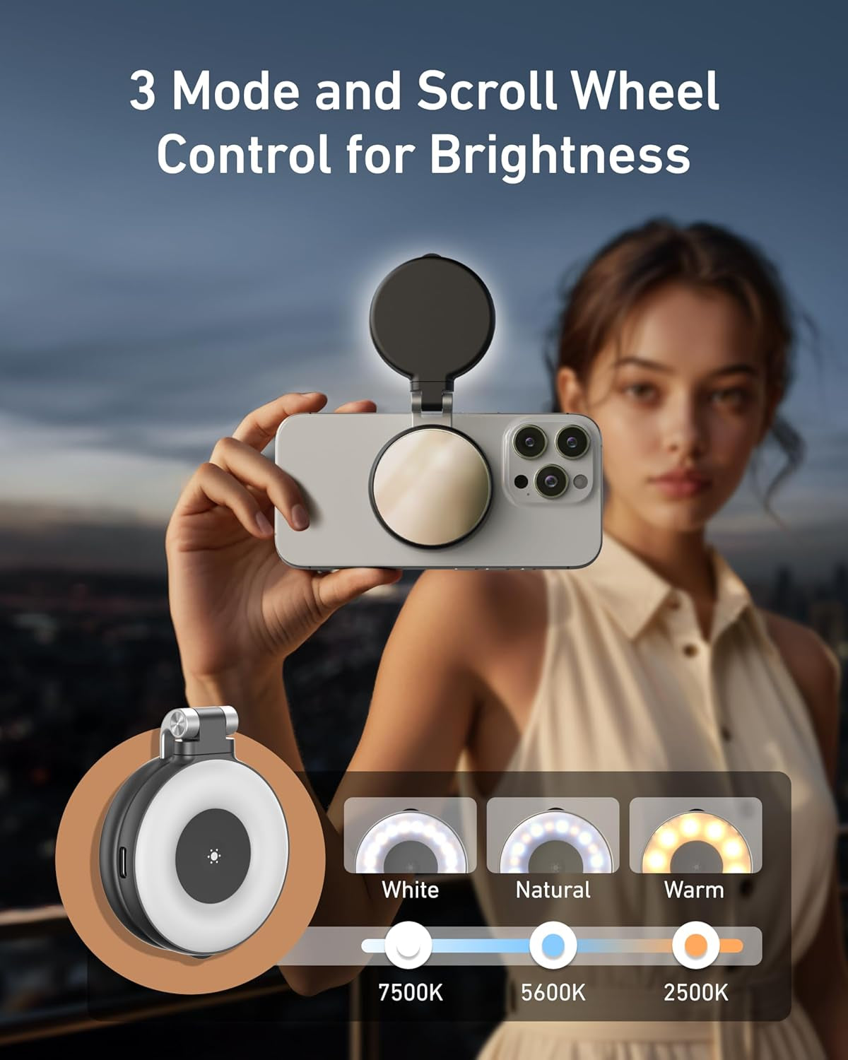 C03 Magnetic Selfie Light, 3-In-1 Magnetic Beauty Selfie Light for Phones, CRI97 360° LED Portable Light W/Mirror for Iphone/Android for Selfies/Photography/Tiktok/Zoom Calls/Video (Black)