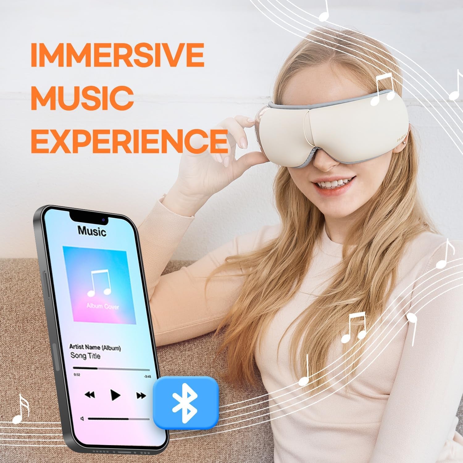 Hubicare Eye Massager with Heat, Vibration, and Music Helps Relieve Strain, Dark Circles, Dryness, and Migraines While Promoting Relaxation and Better Sleep Gift for Men Women (Ivory)